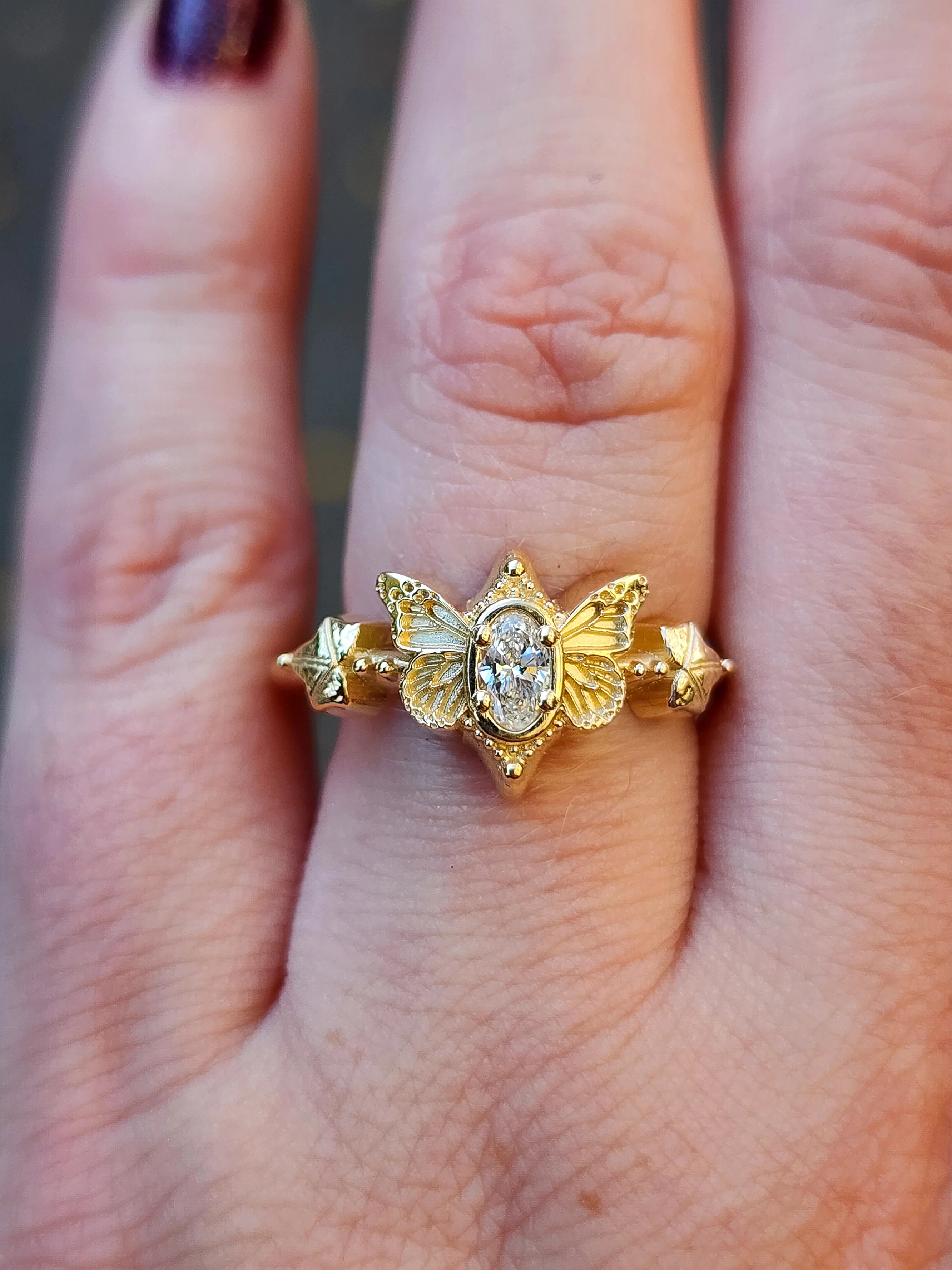 Oval Lab Diamond Butterfly Fairytale Engagement with Ivy Leaves - 14k Gold Nature Inspired Bug Fine Jewelry - Image 6