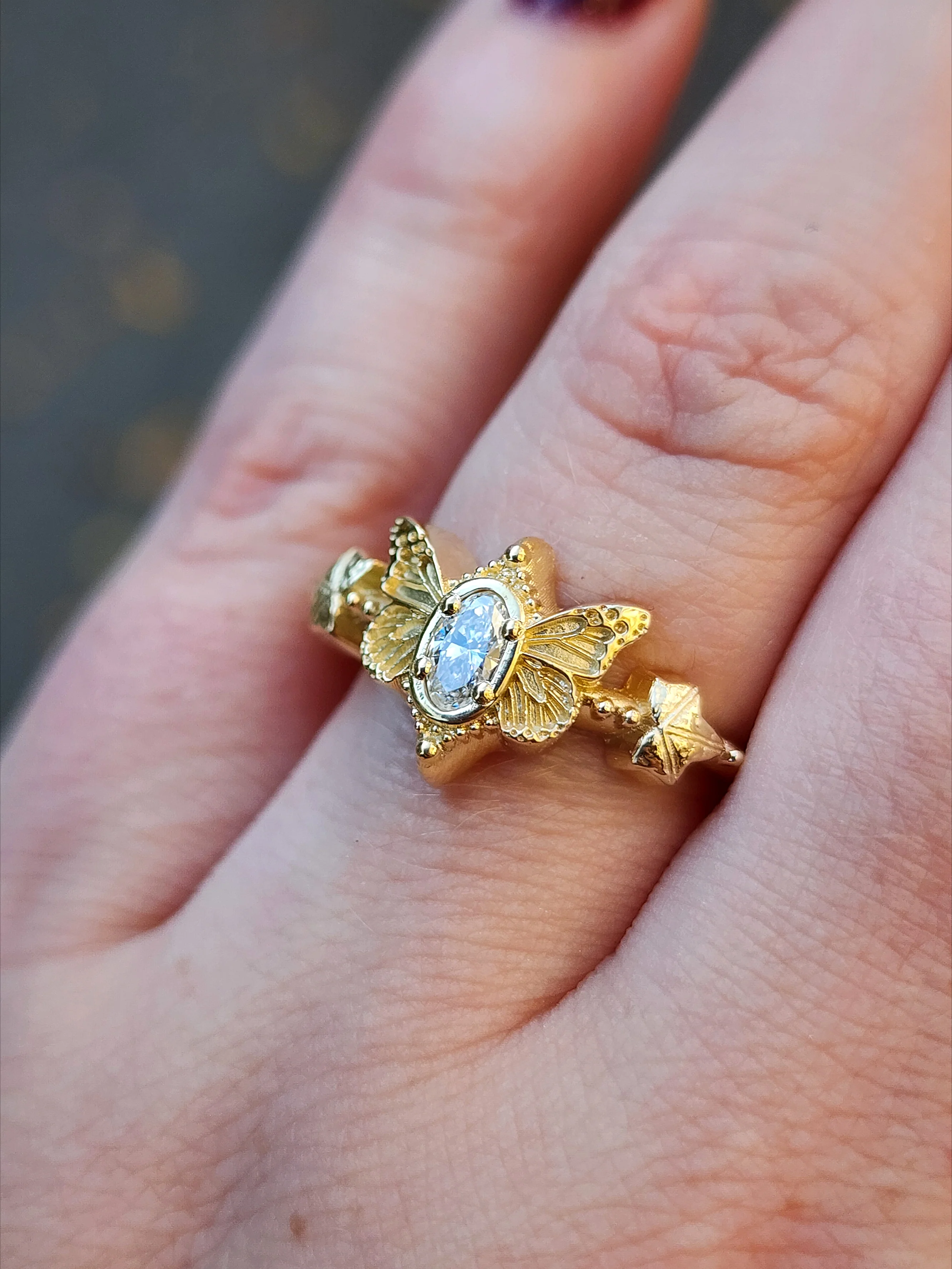 Oval Lab Diamond Butterfly Fairytale Engagement with Ivy Leaves - 14k Gold Nature Inspired Bug Fine Jewelry - Image 7
