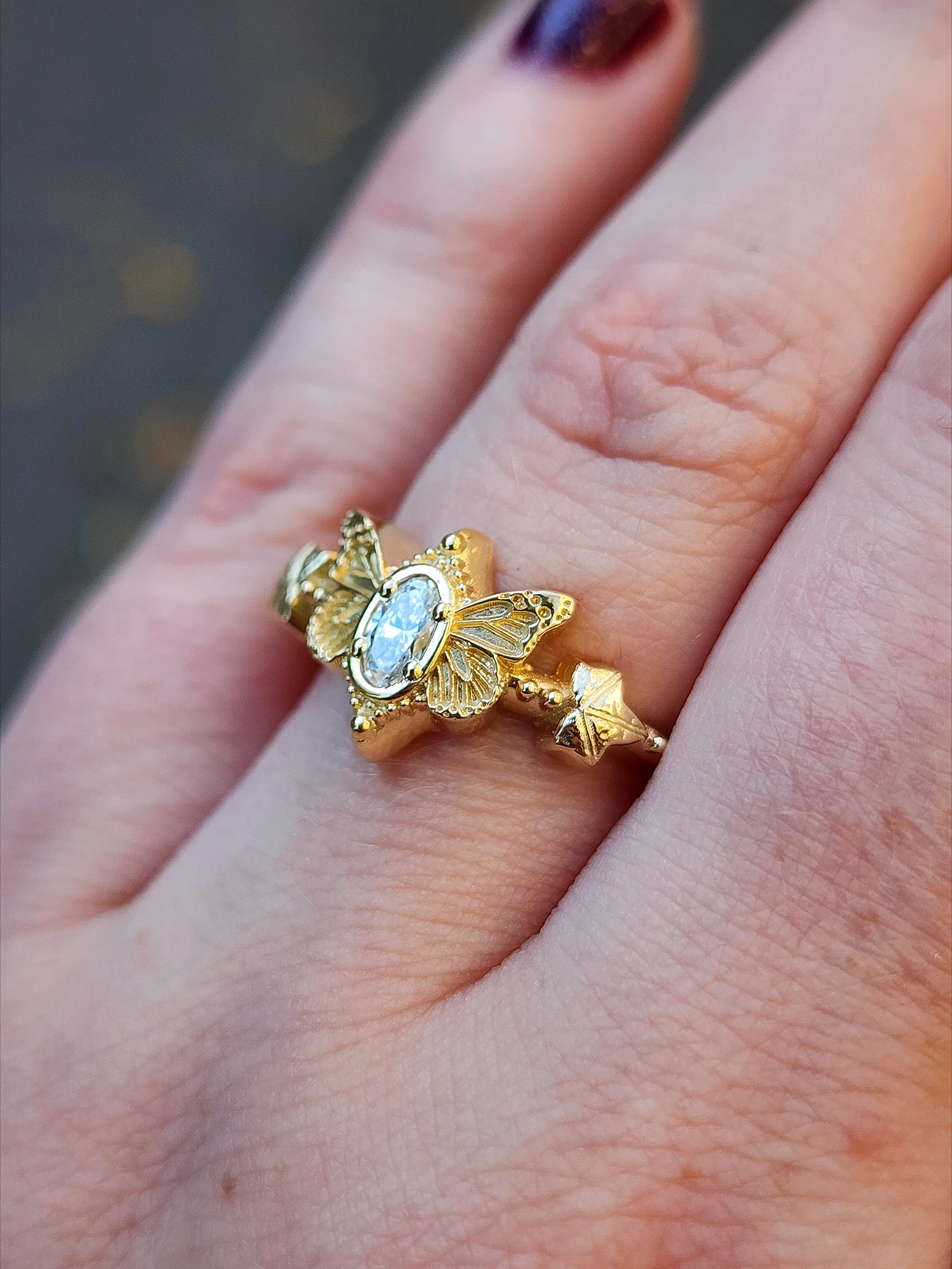 Oval Lab Diamond Butterfly Fairytale Engagement with Ivy Leaves - 14k Gold Nature Inspired Bug Fine Jewelry - Image 8