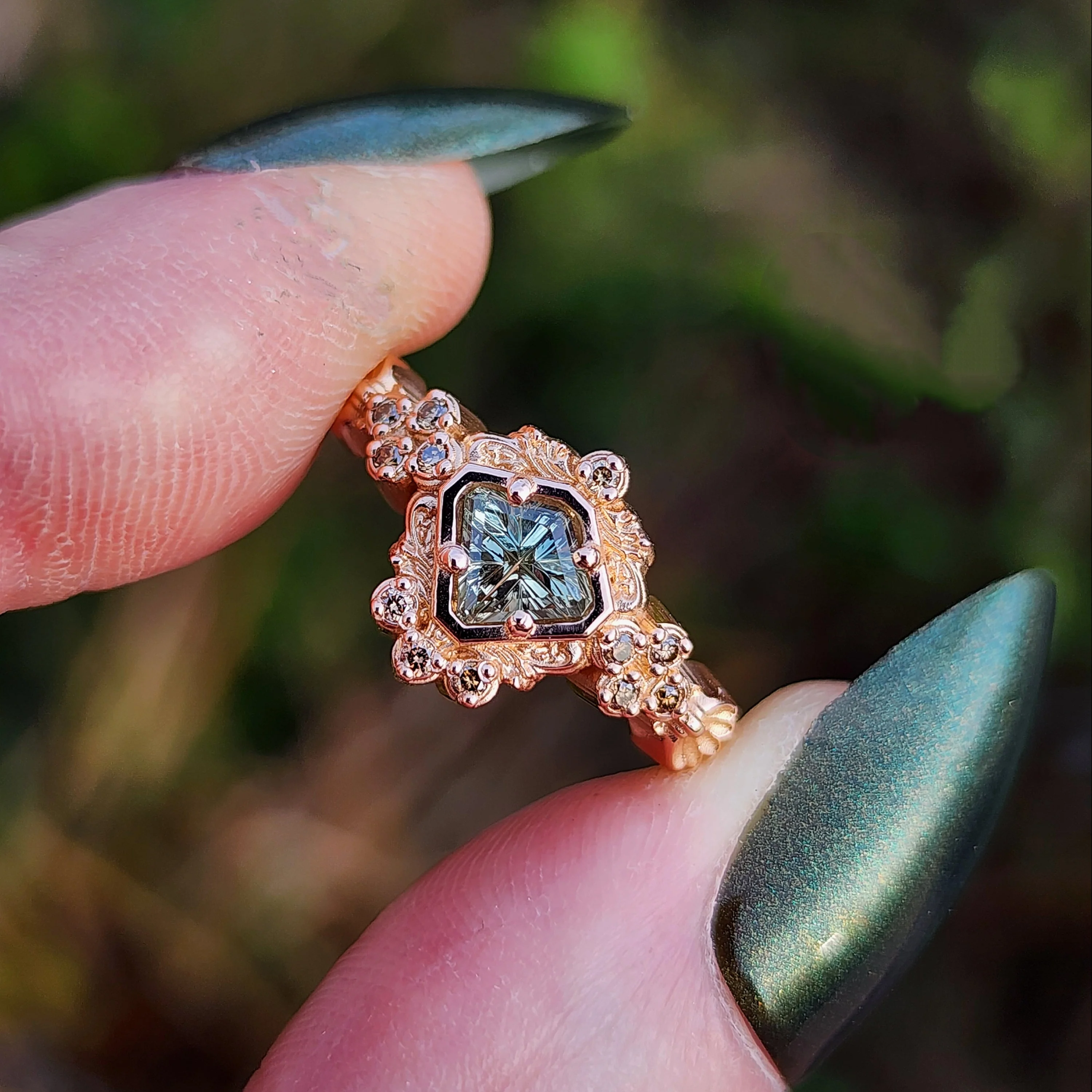 Ready to Ship Size 7.5-9.5 Starbrite Sapphire Shield Mermaid Ring with Champagne Diamonds - 14k Rose Gold - Image 11