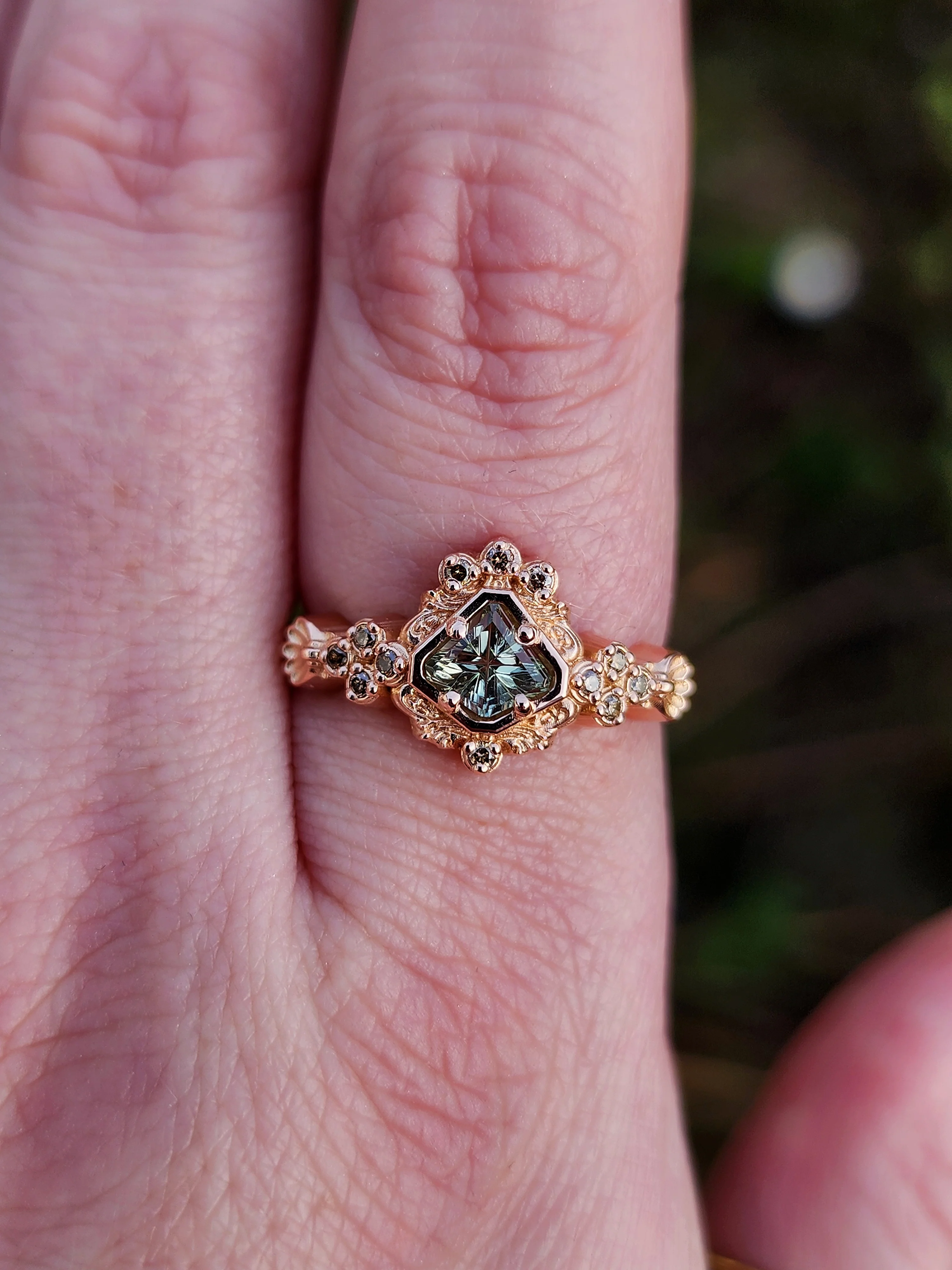 Ready to Ship Size 7.5-9.5 Starbrite Sapphire Shield Mermaid Ring with Champagne Diamonds - 14k Rose Gold - Image 12