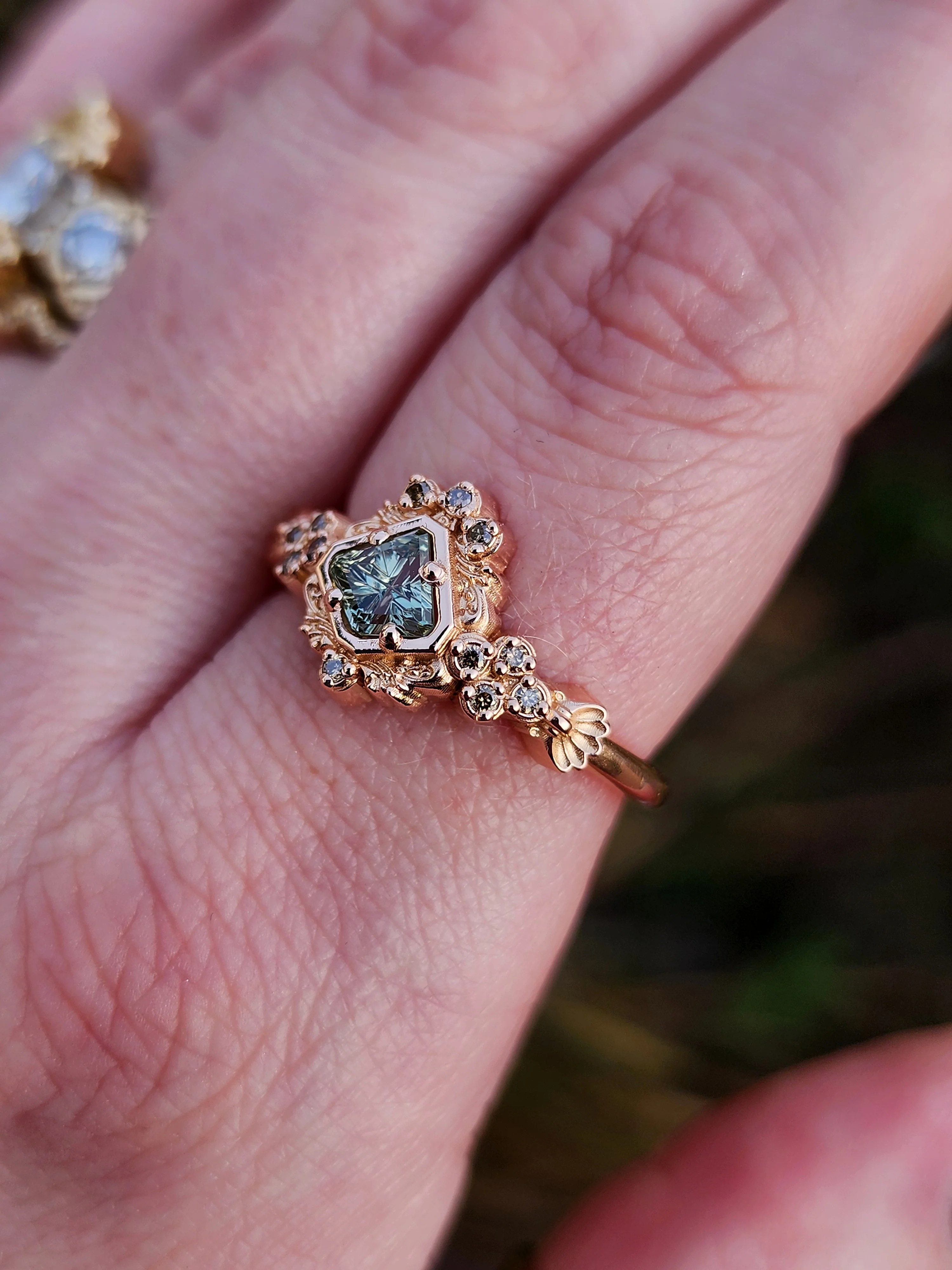 Ready to Ship Size 7.5-9.5 Starbrite Sapphire Shield Mermaid Ring with Champagne Diamonds - 14k Rose Gold - Image 13