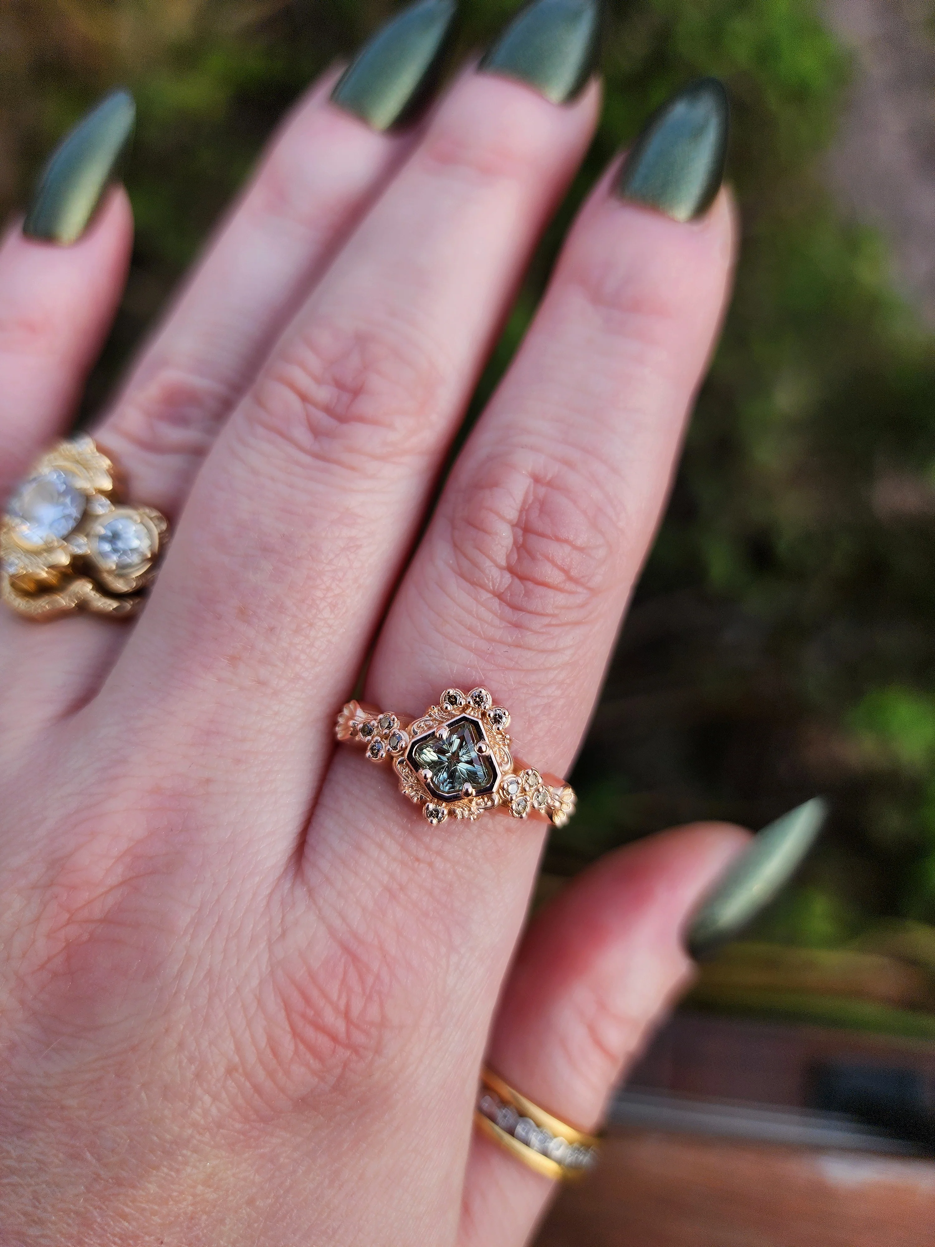 Ready to Ship Size 7.5-9.5 Starbrite Sapphire Shield Mermaid Ring with Champagne Diamonds - 14k Rose Gold - Image 14
