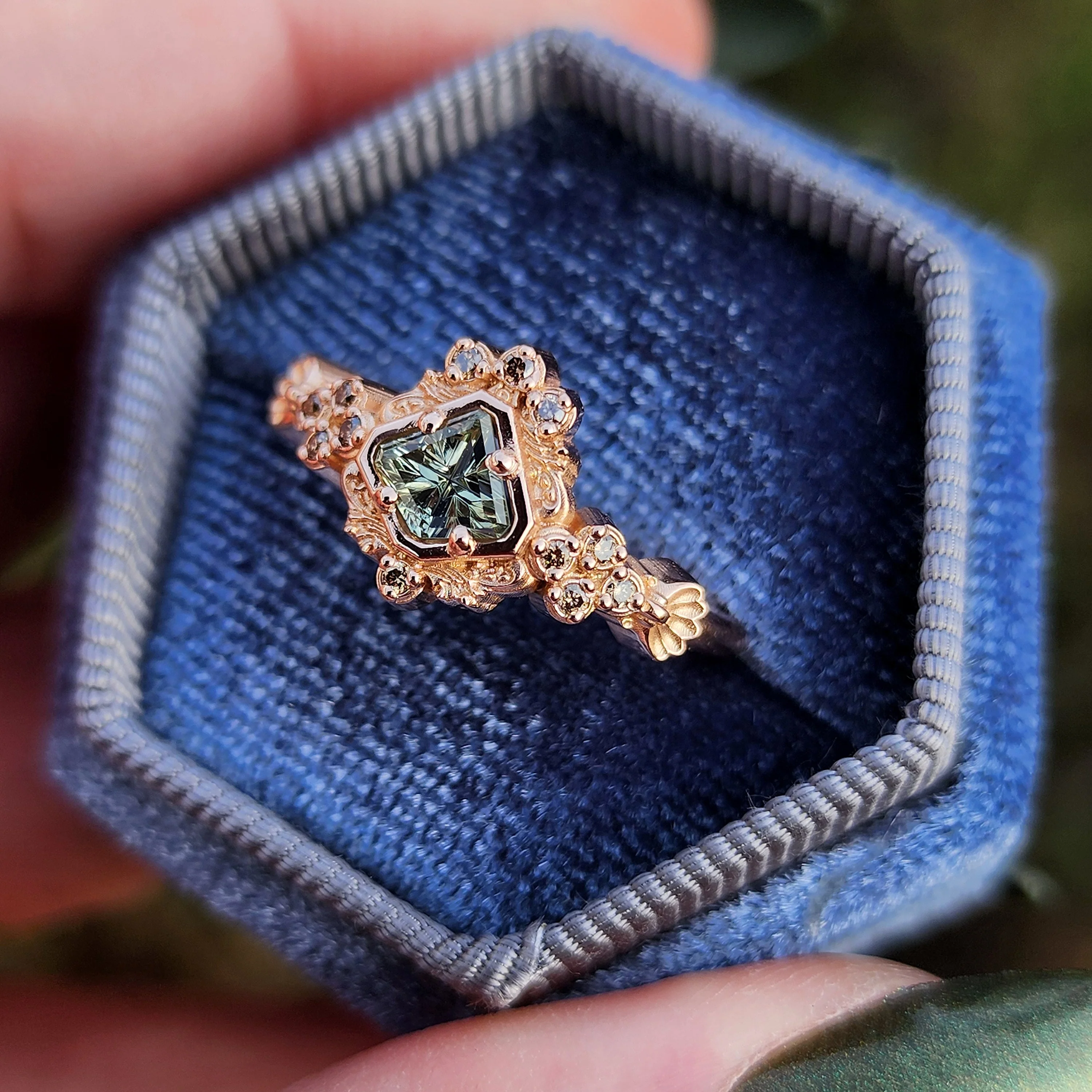 Ready to Ship Size 7.5-9.5 Starbrite Sapphire Shield Mermaid Ring with Champagne Diamonds - 14k Rose Gold - Image 5