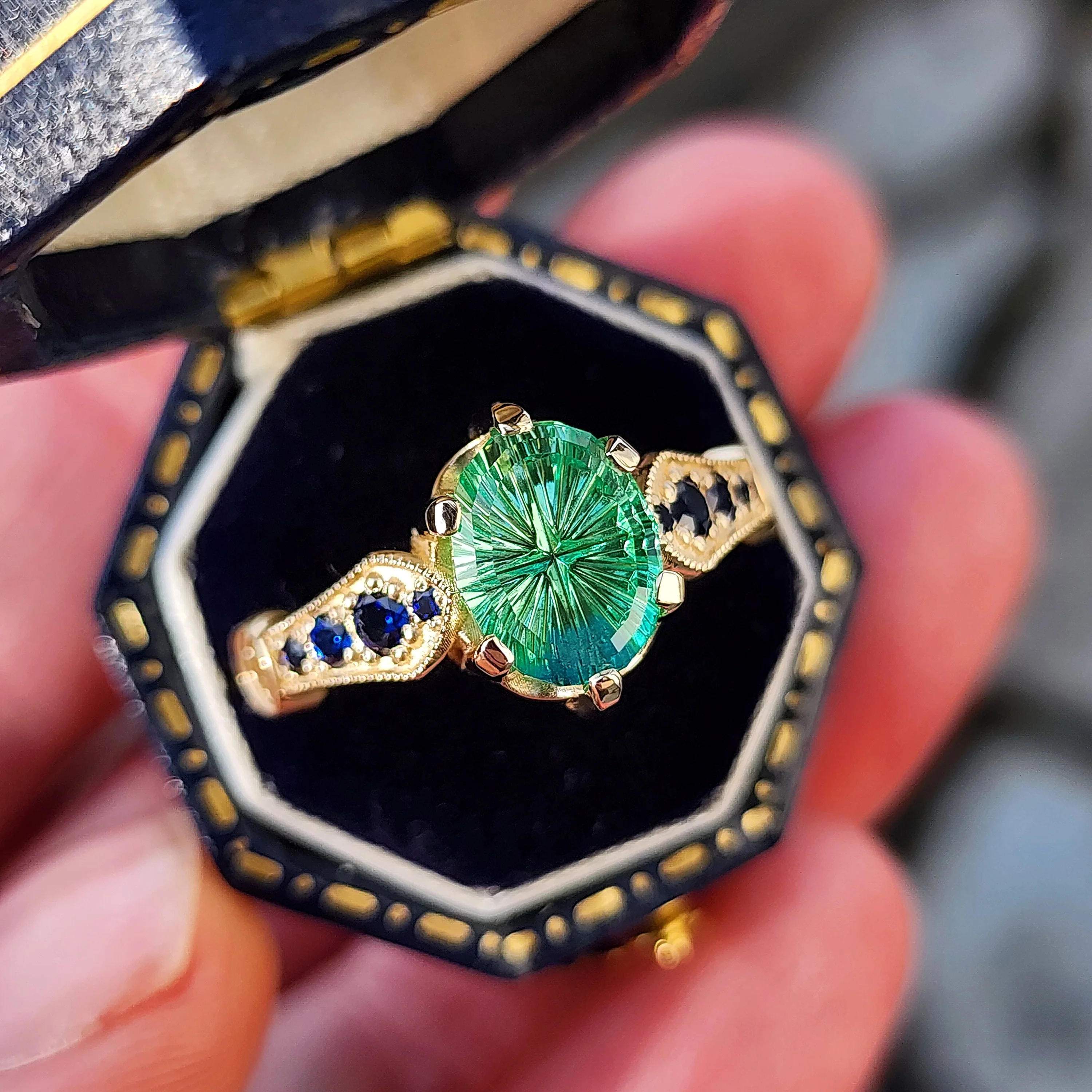 Ready To Ship Size 7-9 Hidden Rose Window with Fantasy Cut Oval Blue Green Lab Sapphire - Image 2