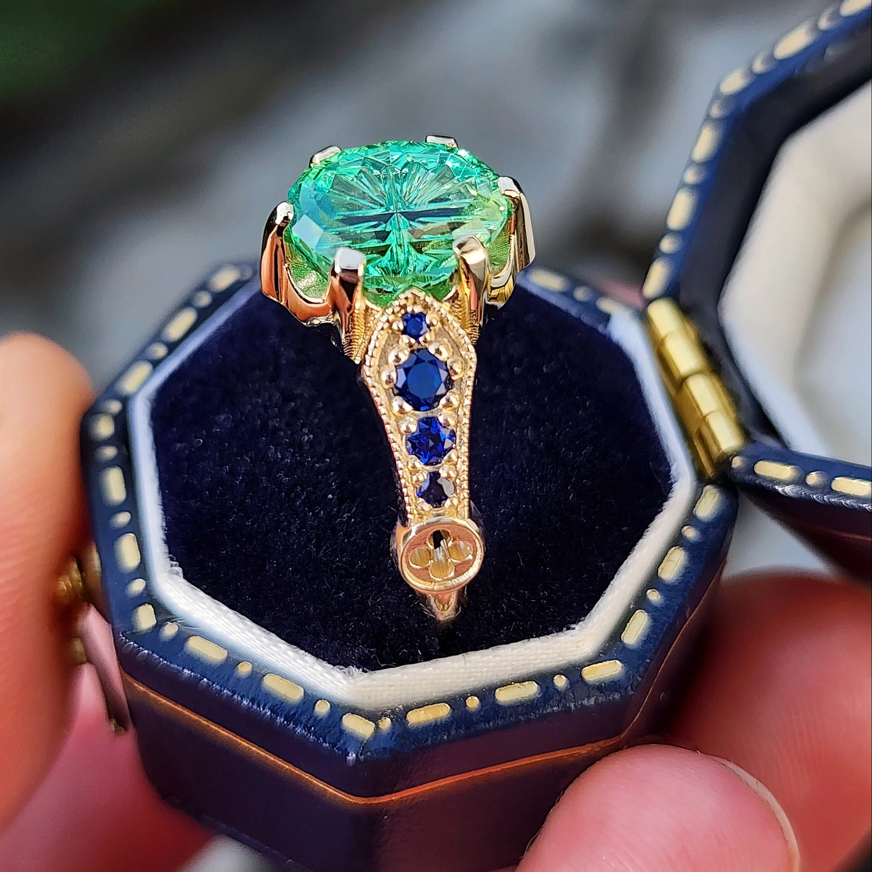 Ready To Ship Size 7-9 Hidden Rose Window with Fantasy Cut Oval Blue Green Lab Sapphire - Image 7