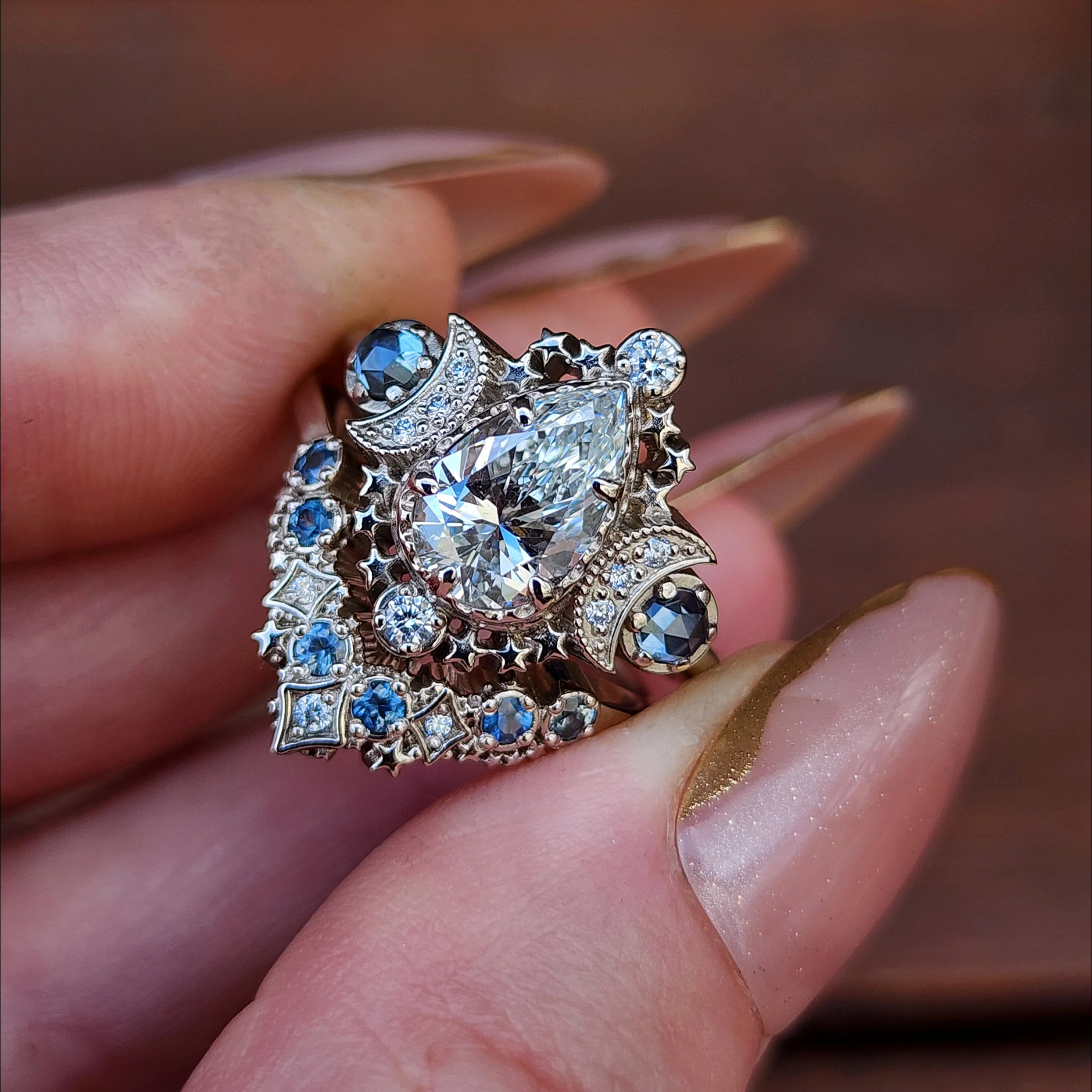 Ready to Ship Size 8 - 10 1.67ct Pear Lab Diamond Cosmos Engagement Ring Set with Diamonds and Montana Sapphires - 14k Palladium White Gold - Image 4