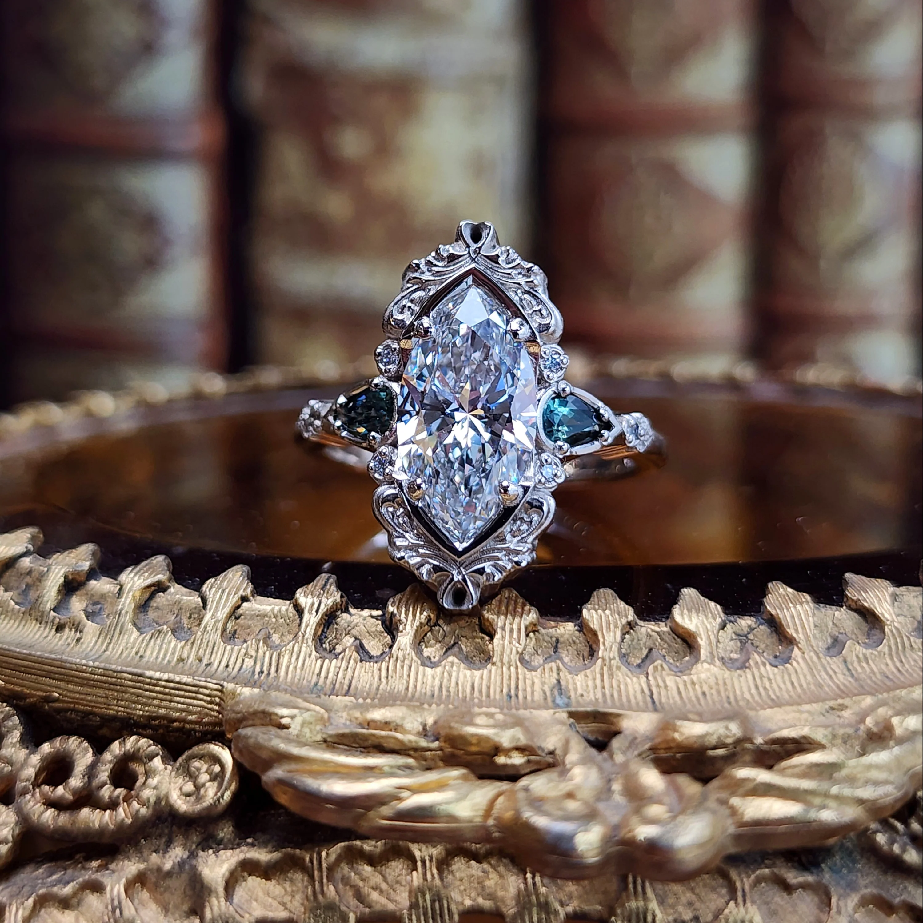 Ready to Ship Size 8-10 3.01ct Lab Diamond Odette Marquise Engagement Ring Set with Australian Sapphire Pears and Gold Filigree 14k Palladium White Gold - Image 10
