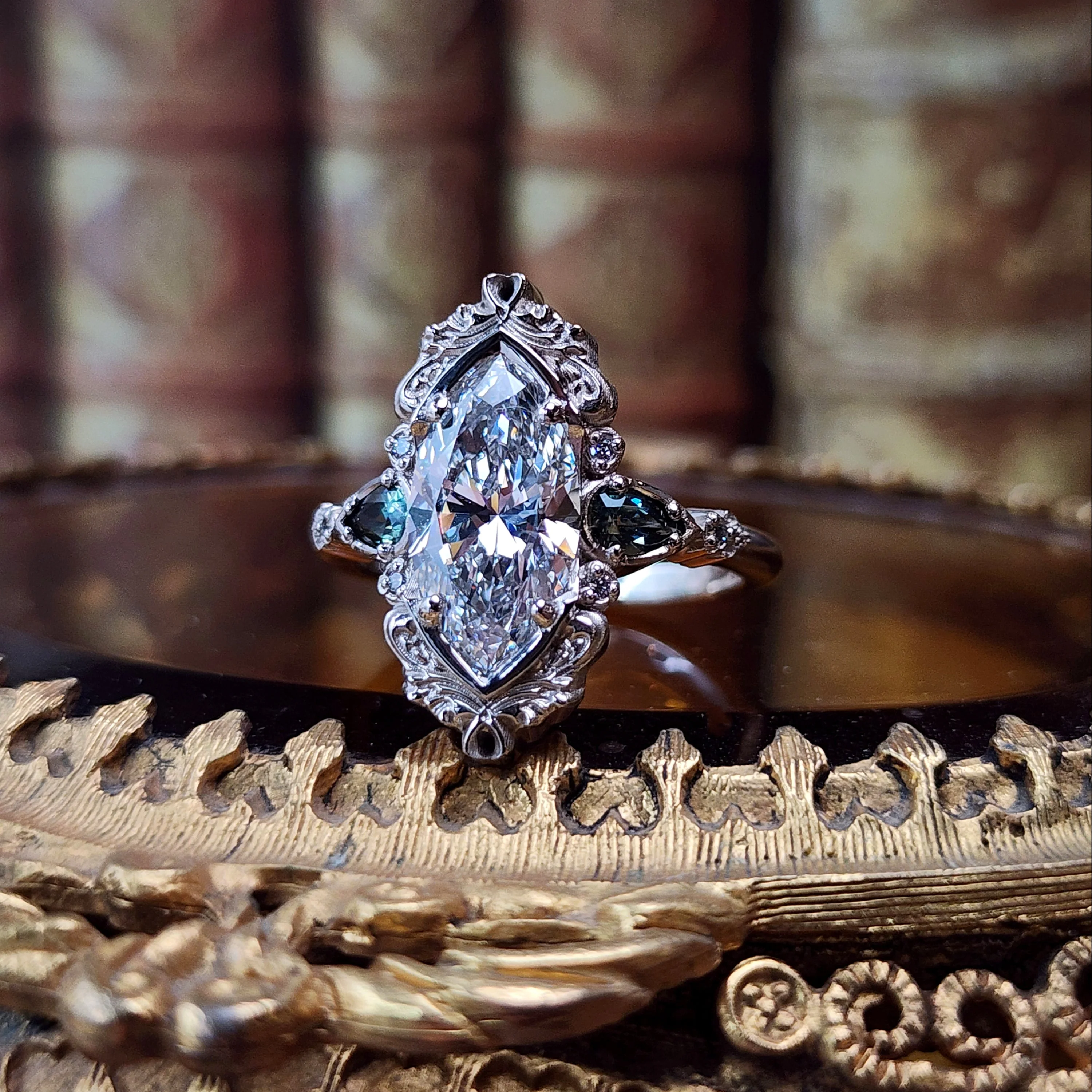 Ready to Ship Size 8-10 3.01ct Lab Diamond Odette Marquise Engagement Ring Set with Australian Sapphire Pears and Gold Filigree 14k Palladium White Gold - Image 11