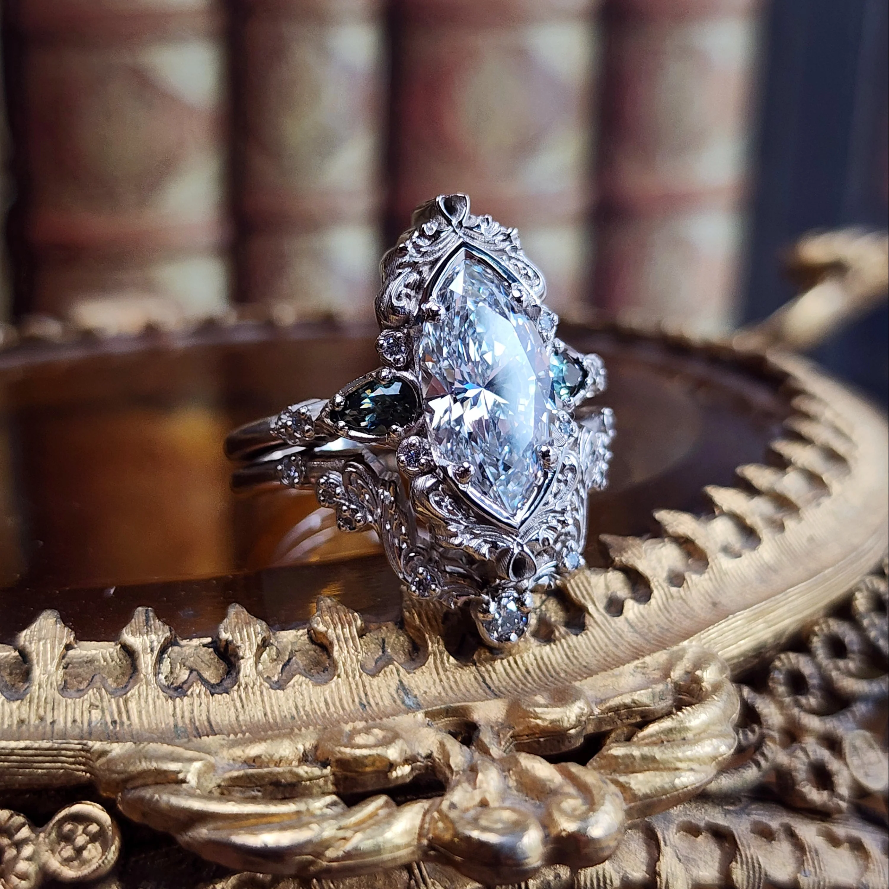 Ready to Ship Size 8-10 3.01ct Lab Diamond Odette Marquise Engagement Ring Set with Australian Sapphire Pears and Gold Filigree 14k Palladium White Gold - Image 8