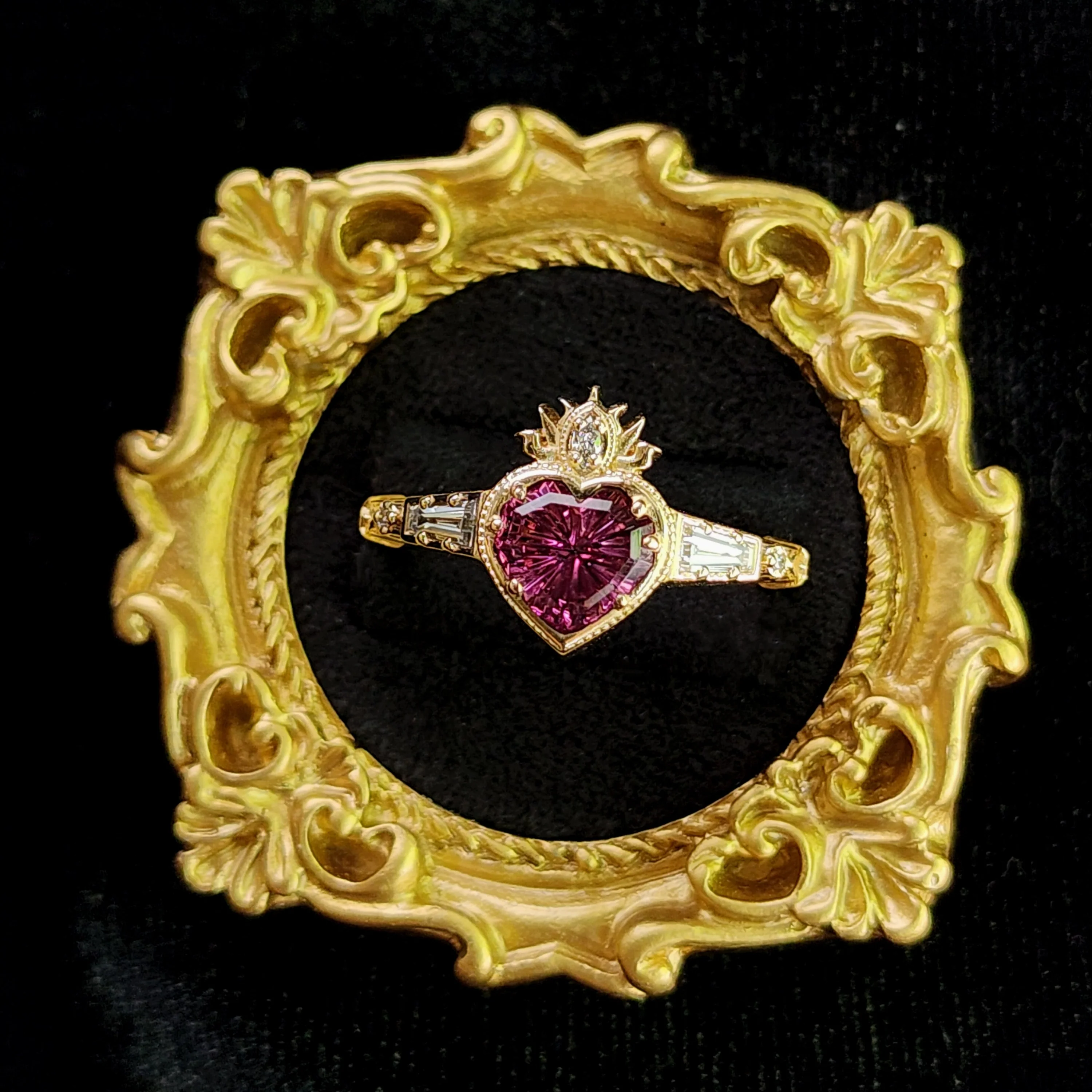 Ready to Ship Size 8-10 - Cosmic Love Flaming Heart Ring with Pink Tourmaline 14k Yellow Gold - Image 2