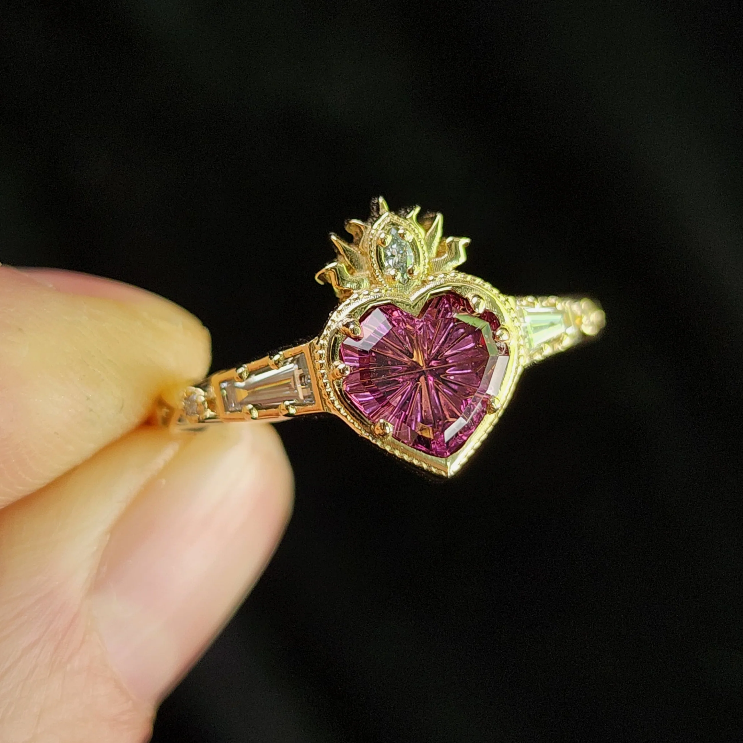 Ready to Ship Size 8-10 - Cosmic Love Flaming Heart Ring with Pink Tourmaline 14k Yellow Gold - Image 3