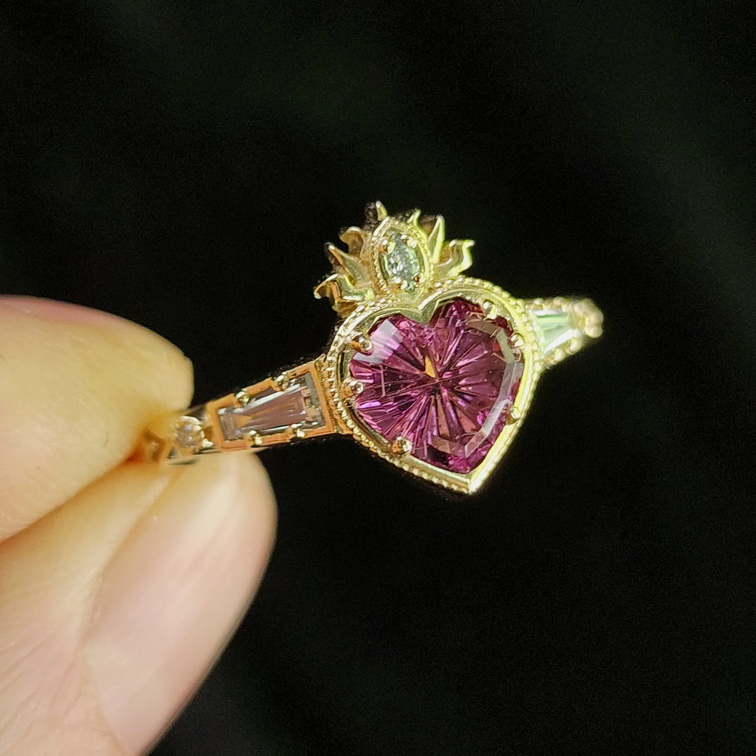 Ready to Ship Size 8-10 - Cosmic Love Flaming Heart Ring with Pink Tourmaline 14k Yellow Gold - Image 4