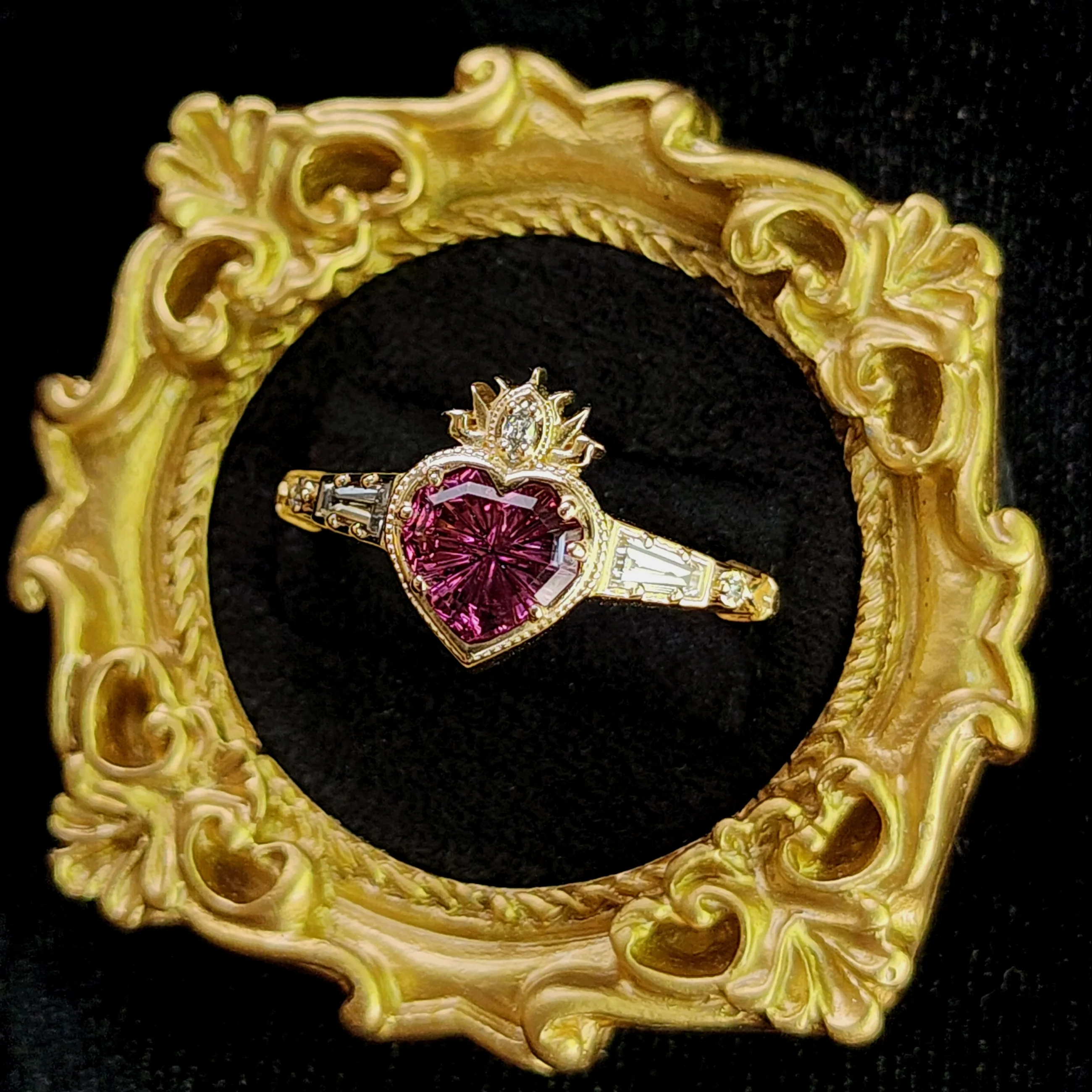 Ready to Ship Size 8-10 - Cosmic Love Flaming Heart Ring with Pink Tourmaline 14k Yellow Gold - Image 6
