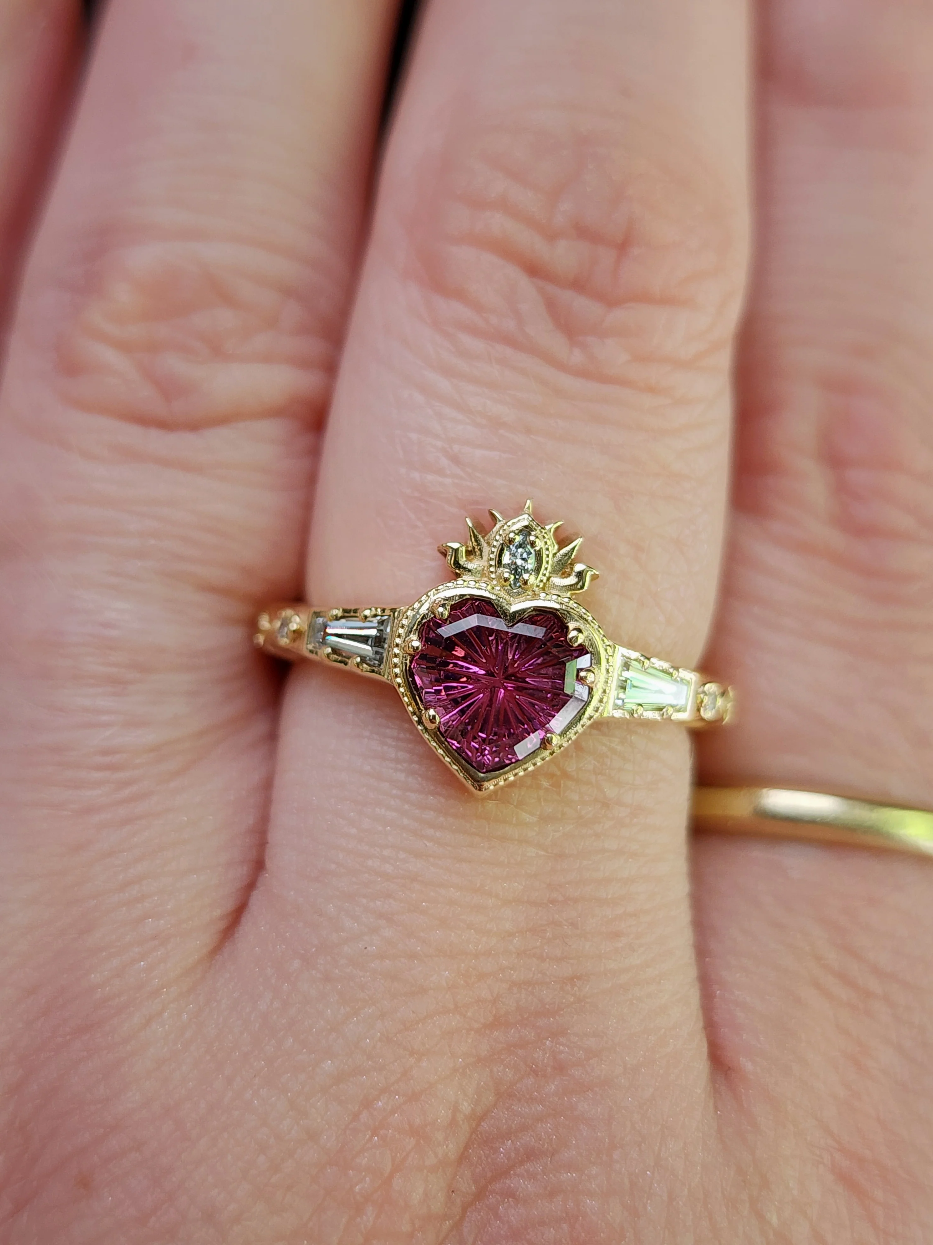 Ready to Ship Size 8-10 - Cosmic Love Flaming Heart Ring with Pink Tourmaline 14k Yellow Gold - Image 7