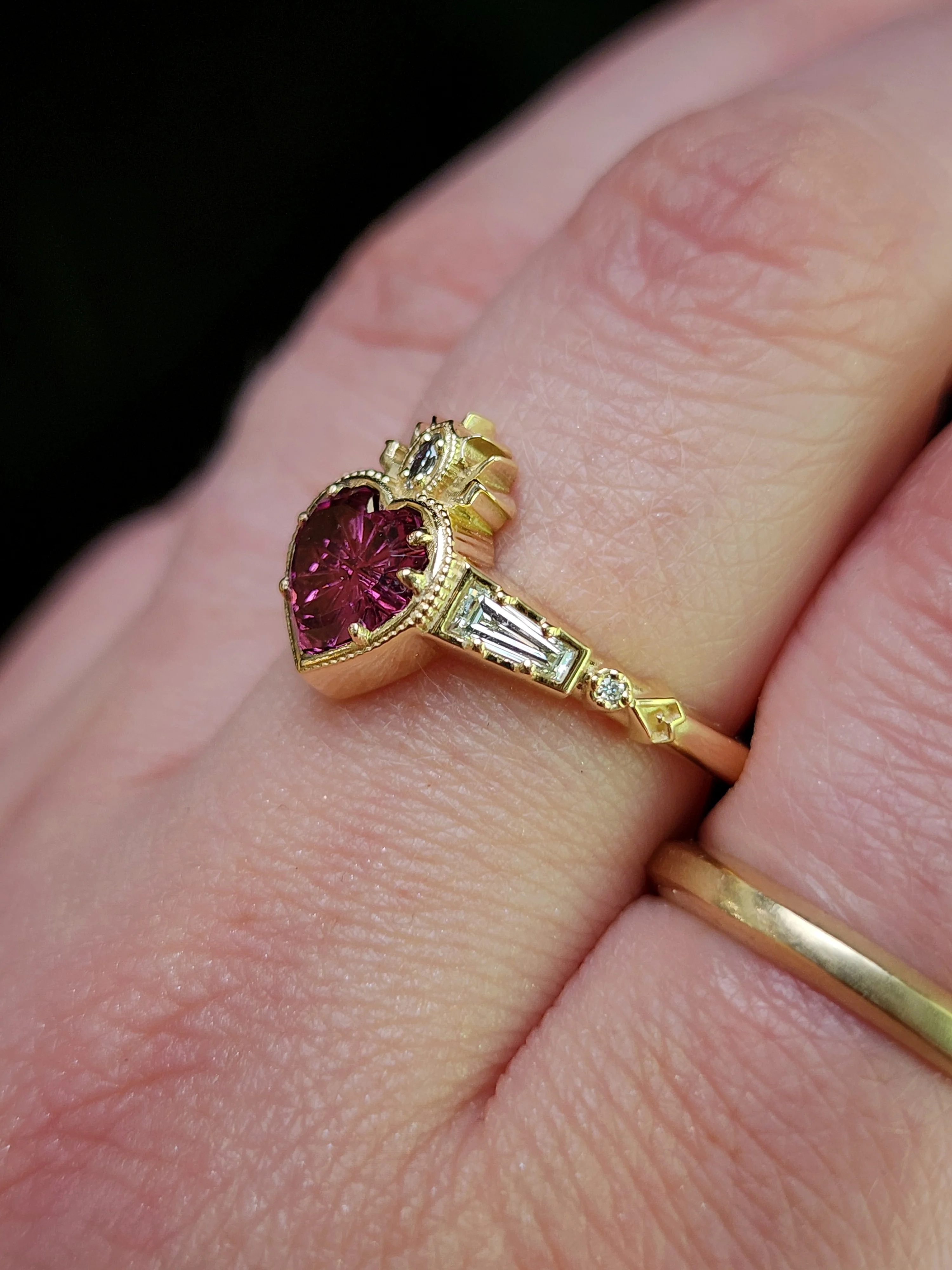 Ready to Ship Size 8-10 - Cosmic Love Flaming Heart Ring with Pink Tourmaline 14k Yellow Gold - Image 8