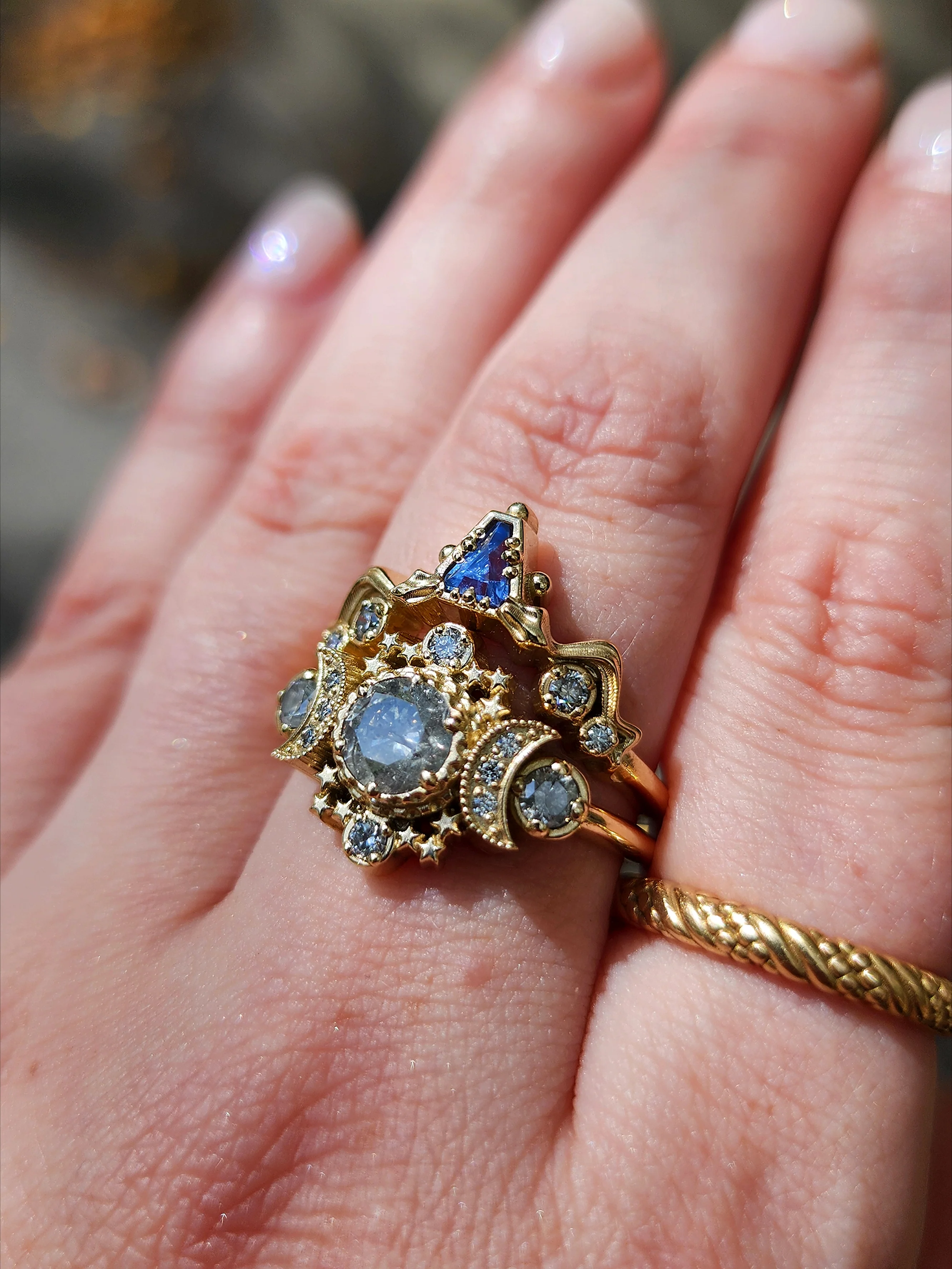 Ready to Ship Size 8-10 Salt & Pepper Diamond Cosmos Engagement Ring with Natural Blue Sapphire Snake Witch Chevron - Gothic Fairytale Wedding Jewelry 14k Yellow Gold - Image 10
