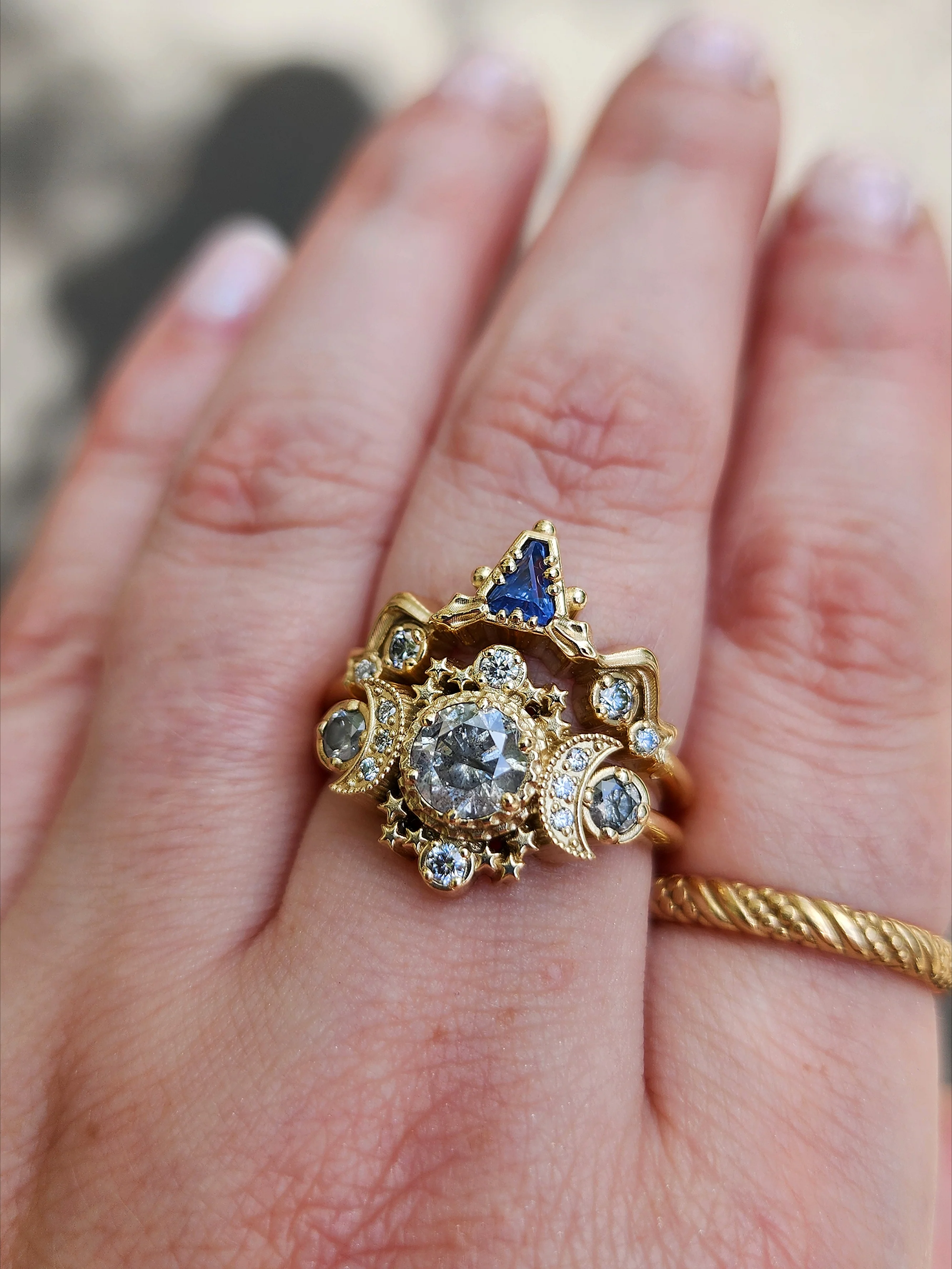 Ready to Ship Size 8-10 Salt & Pepper Diamond Cosmos Engagement Ring with Natural Blue Sapphire Snake Witch Chevron - Gothic Fairytale Wedding Jewelry 14k Yellow Gold - Image 8