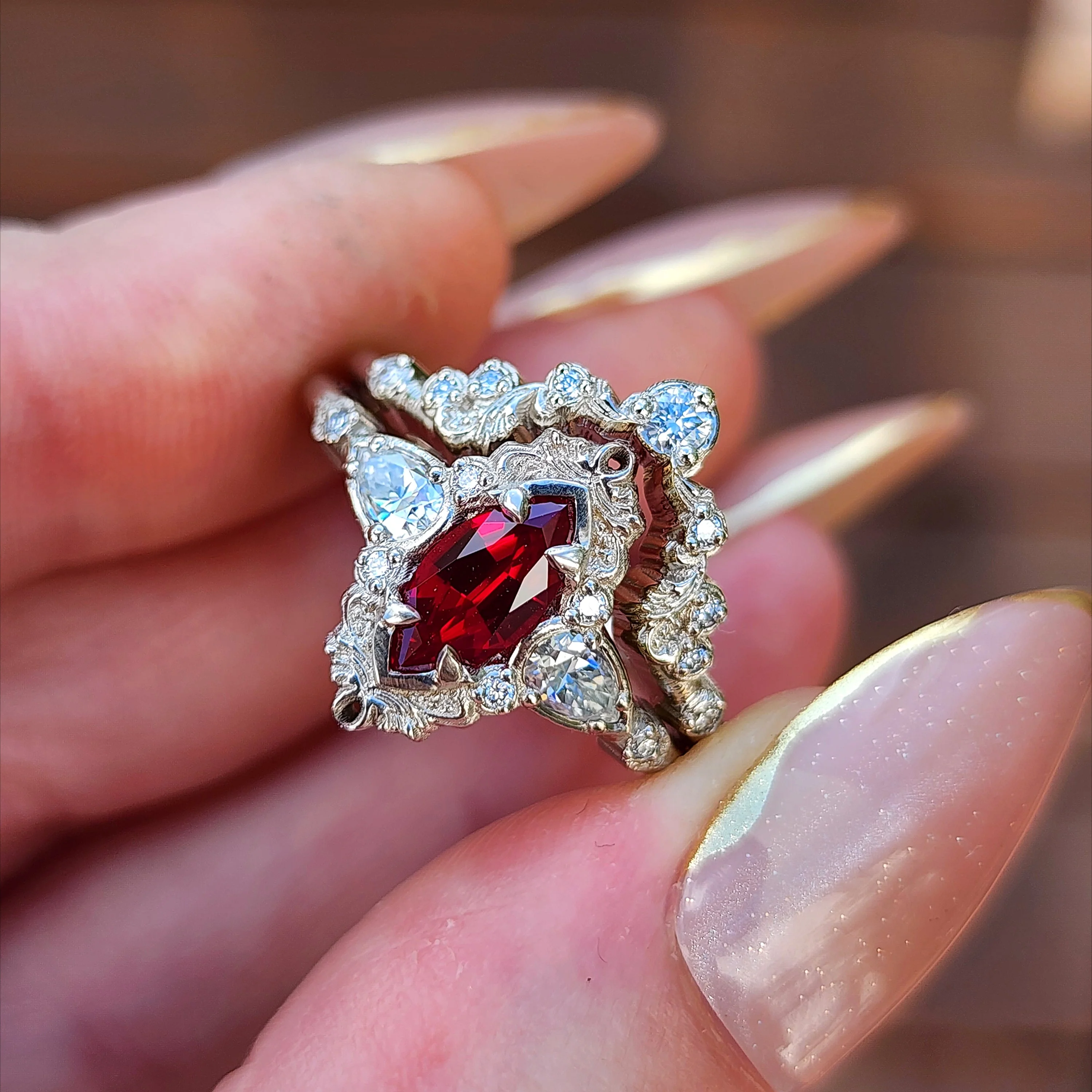 Ready to Ship Size 8.5-10.5 Chatham Ruby Odette Marquise Engagement Ring Set - 14k Palladium White Gold - Image 2