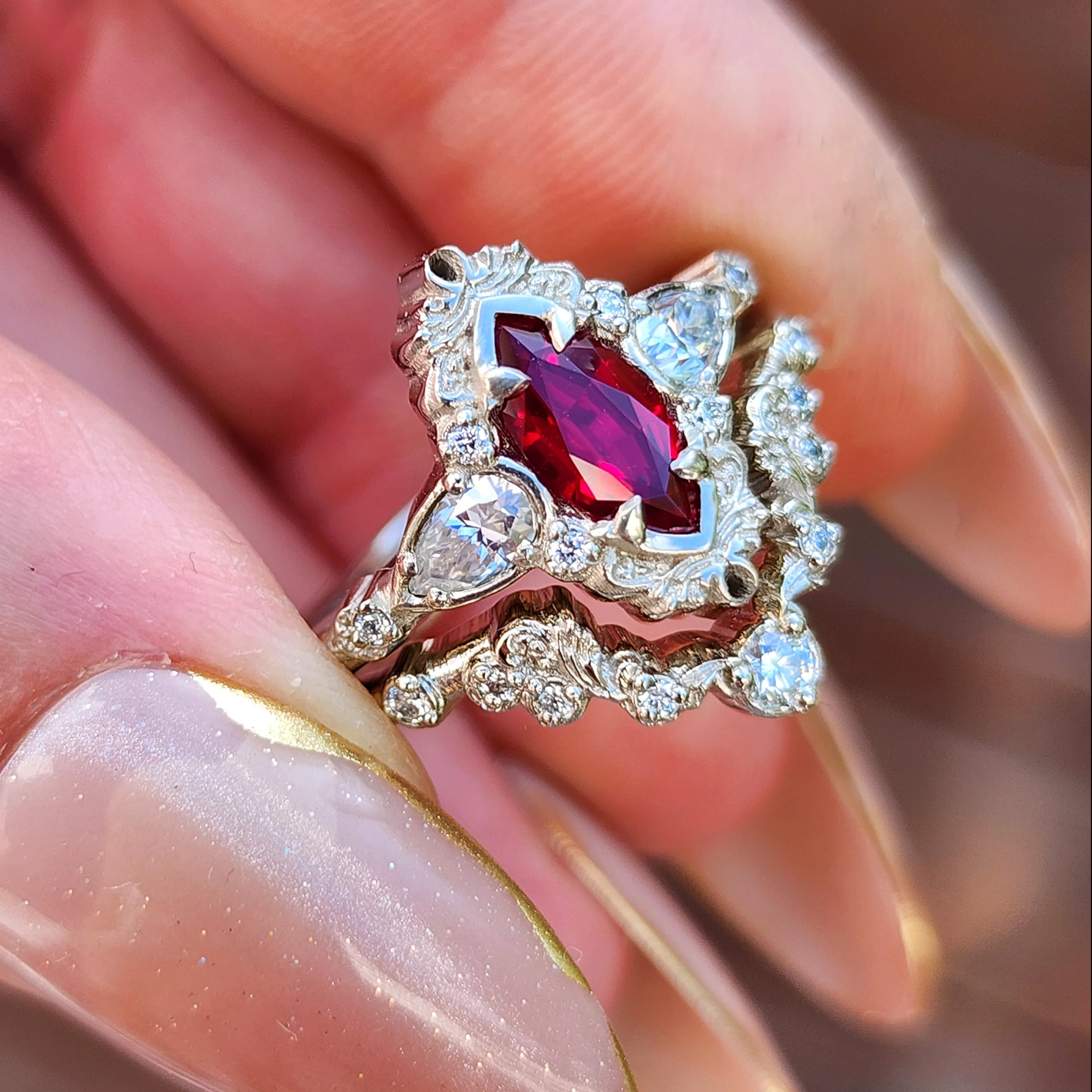 Ready to Ship Size 8.5-10.5 Chatham Ruby Odette Marquise Engagement Ring Set - 14k Palladium White Gold - Image 3