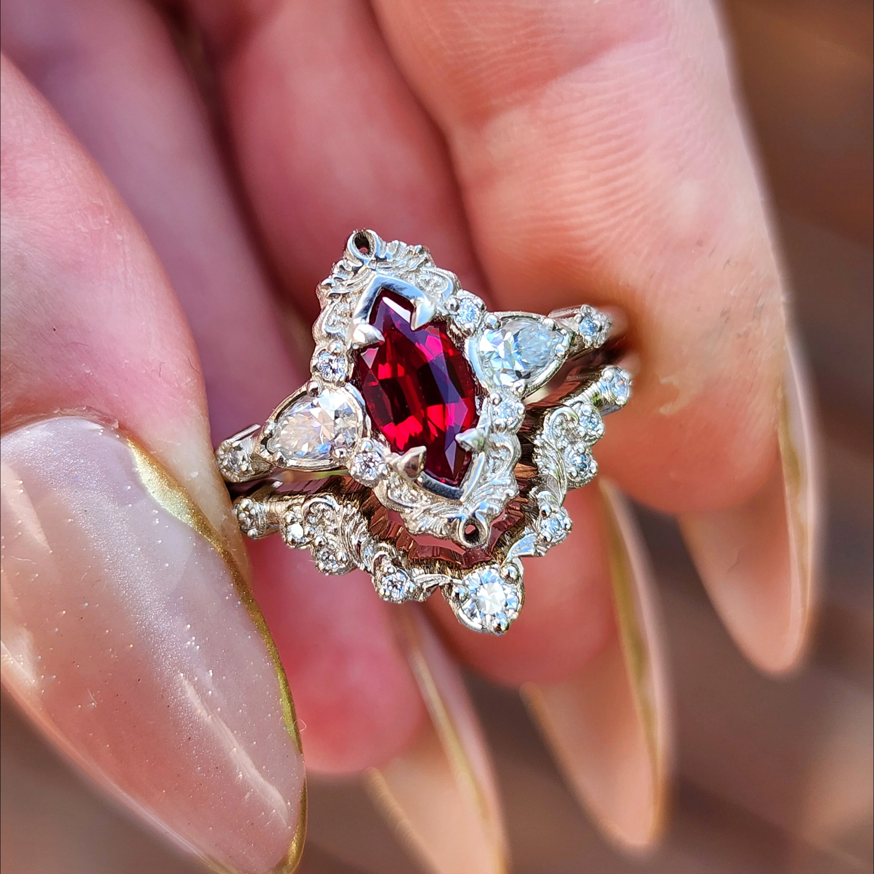 Ready to Ship Size 8.5-10.5 Chatham Ruby Odette Marquise Engagement Ring Set - 14k Palladium White Gold - Image 4