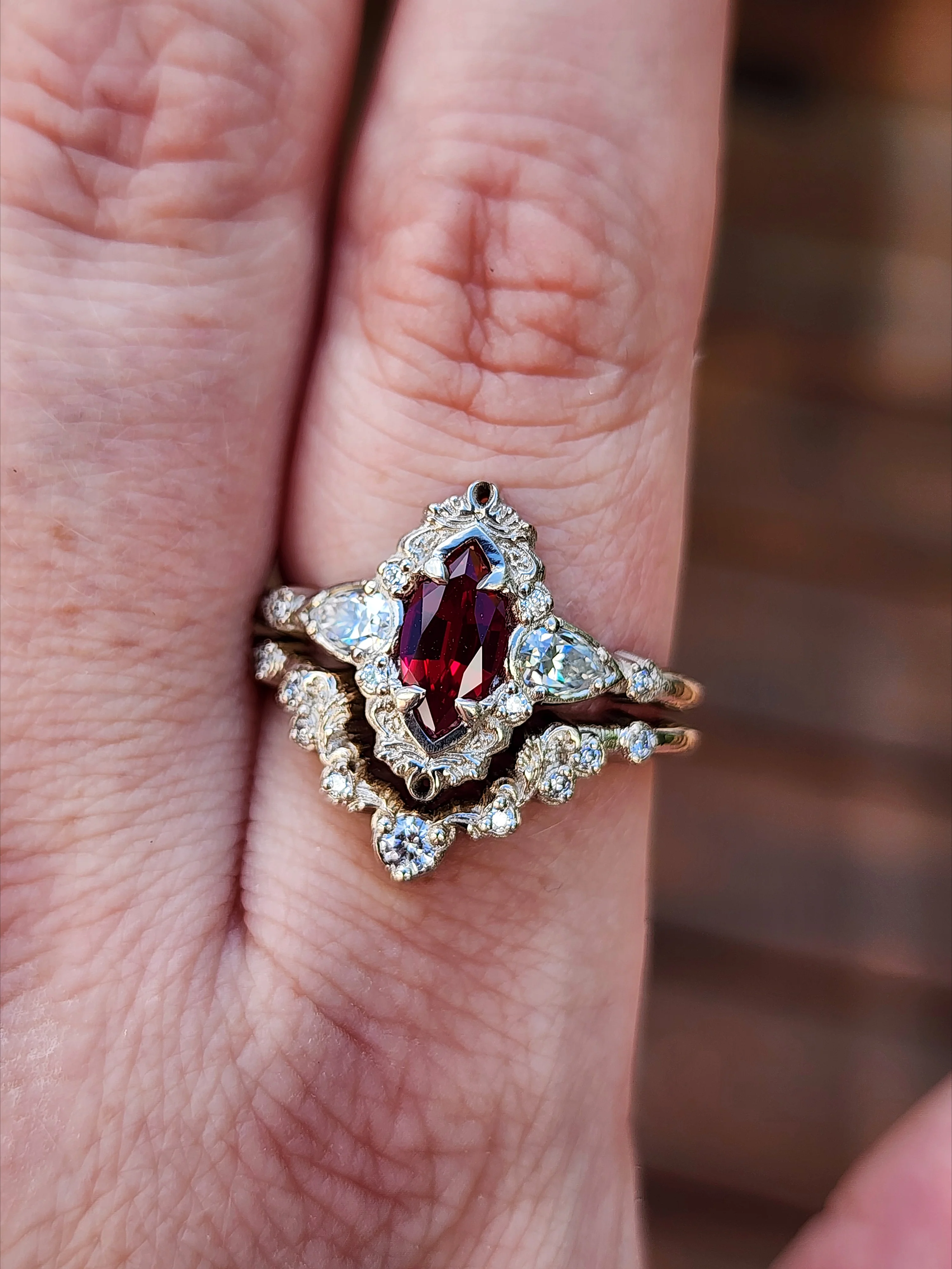 Ready to Ship Size 8.5-10.5 Chatham Ruby Odette Marquise Engagement Ring Set - 14k Palladium White Gold - Image 5