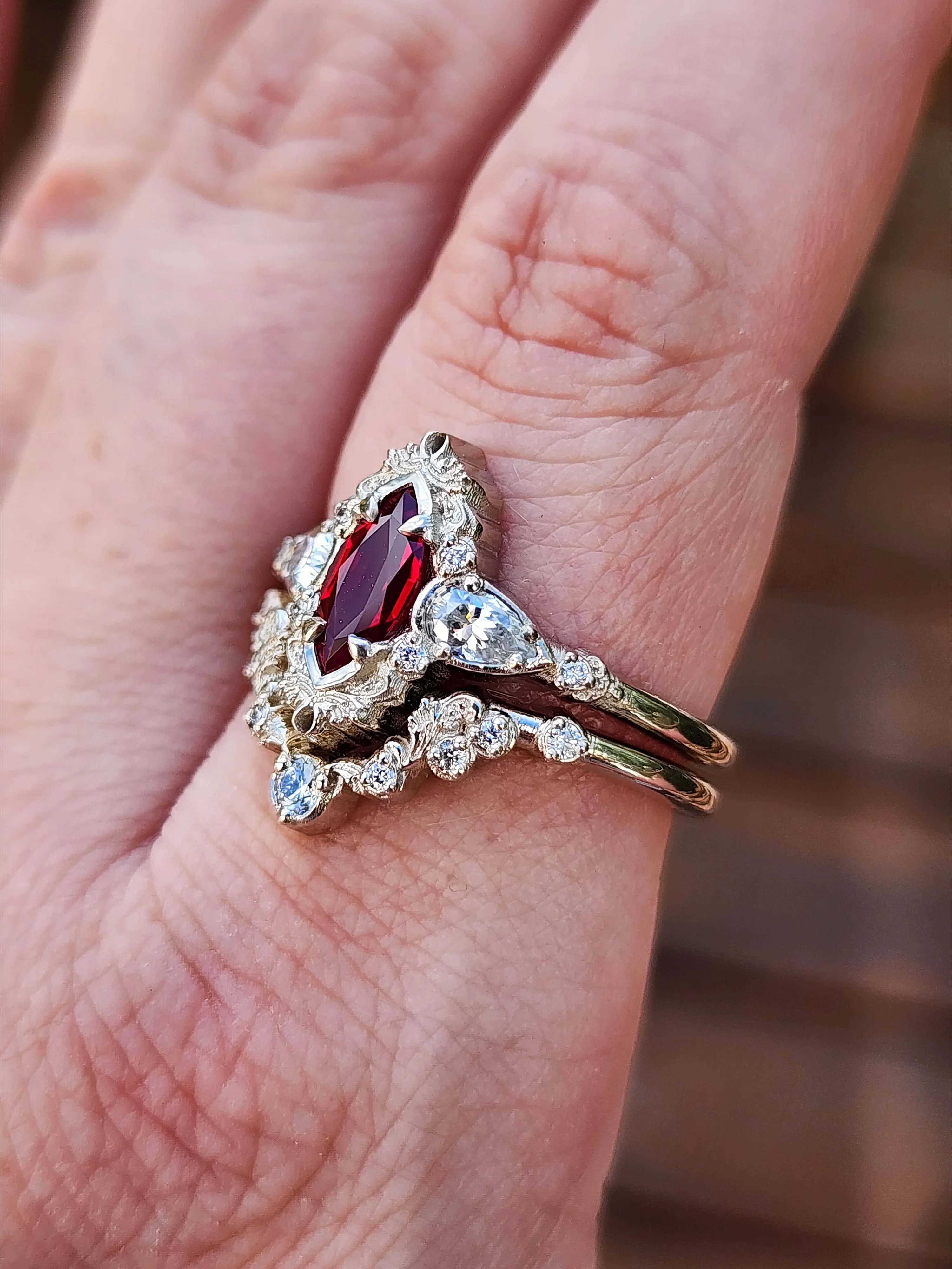 Ready to Ship Size 8.5-10.5 Chatham Ruby Odette Marquise Engagement Ring Set - 14k Palladium White Gold - Image 7