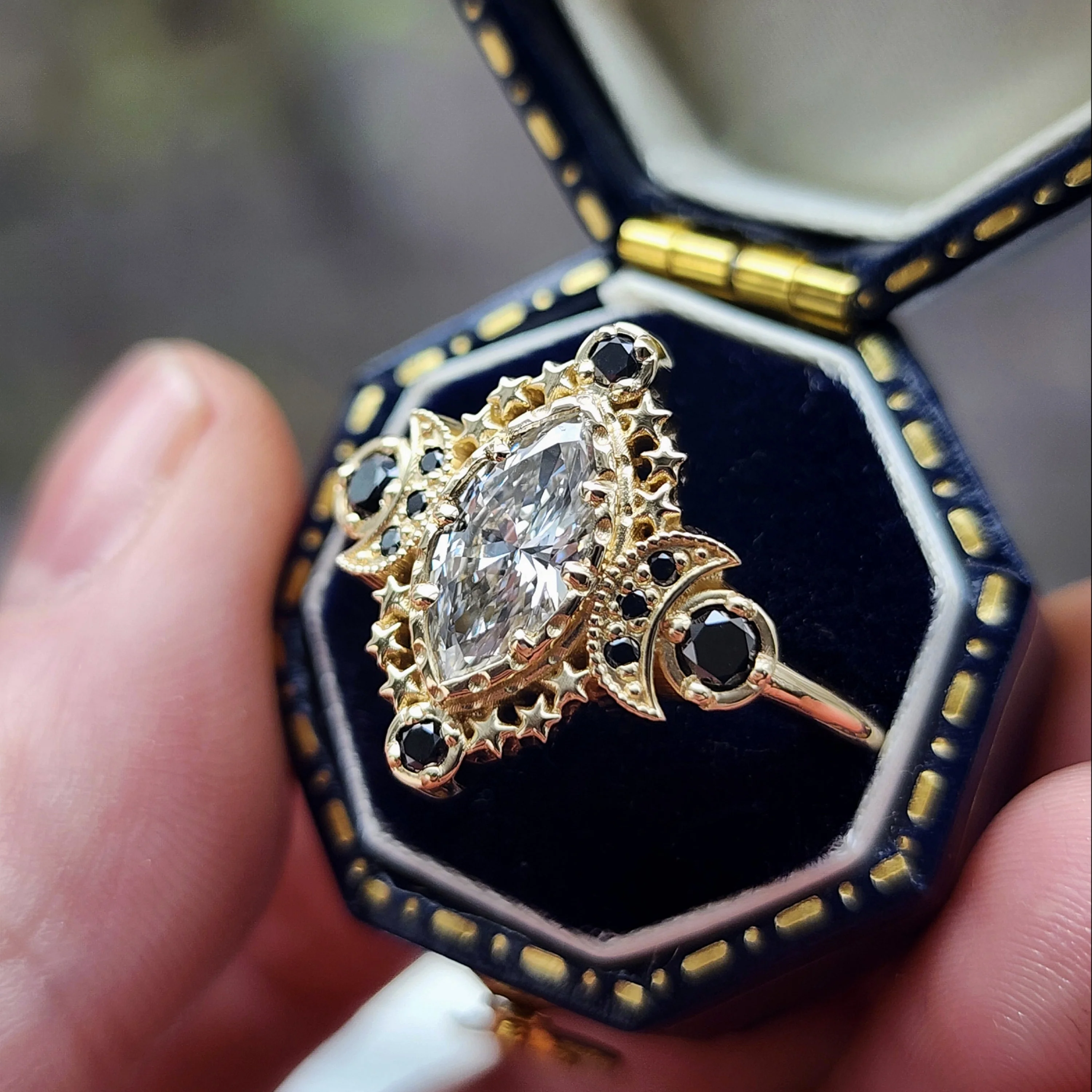 Ready To Ship Size 8.5-10.5 Cosmos with a Lab Diamond Marquise Center Stone and Black Diamond Side Stones - Image 4