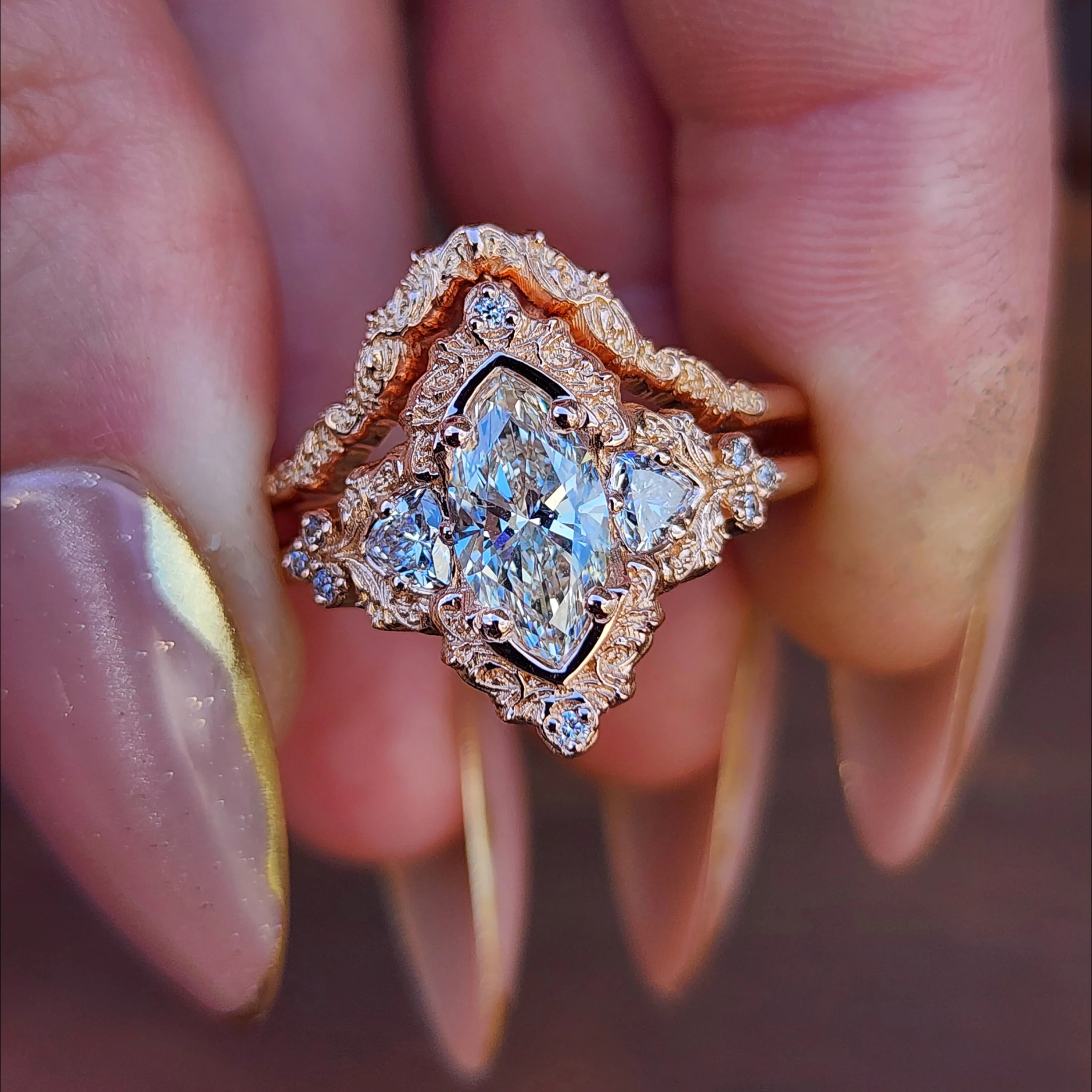 Ready to Ship Size 8-10 - 1.06ct Marquise Lab Diamond Delilah Engagement Ring with Trillion Side Stones and Wedding Band - 14k Rose Gold