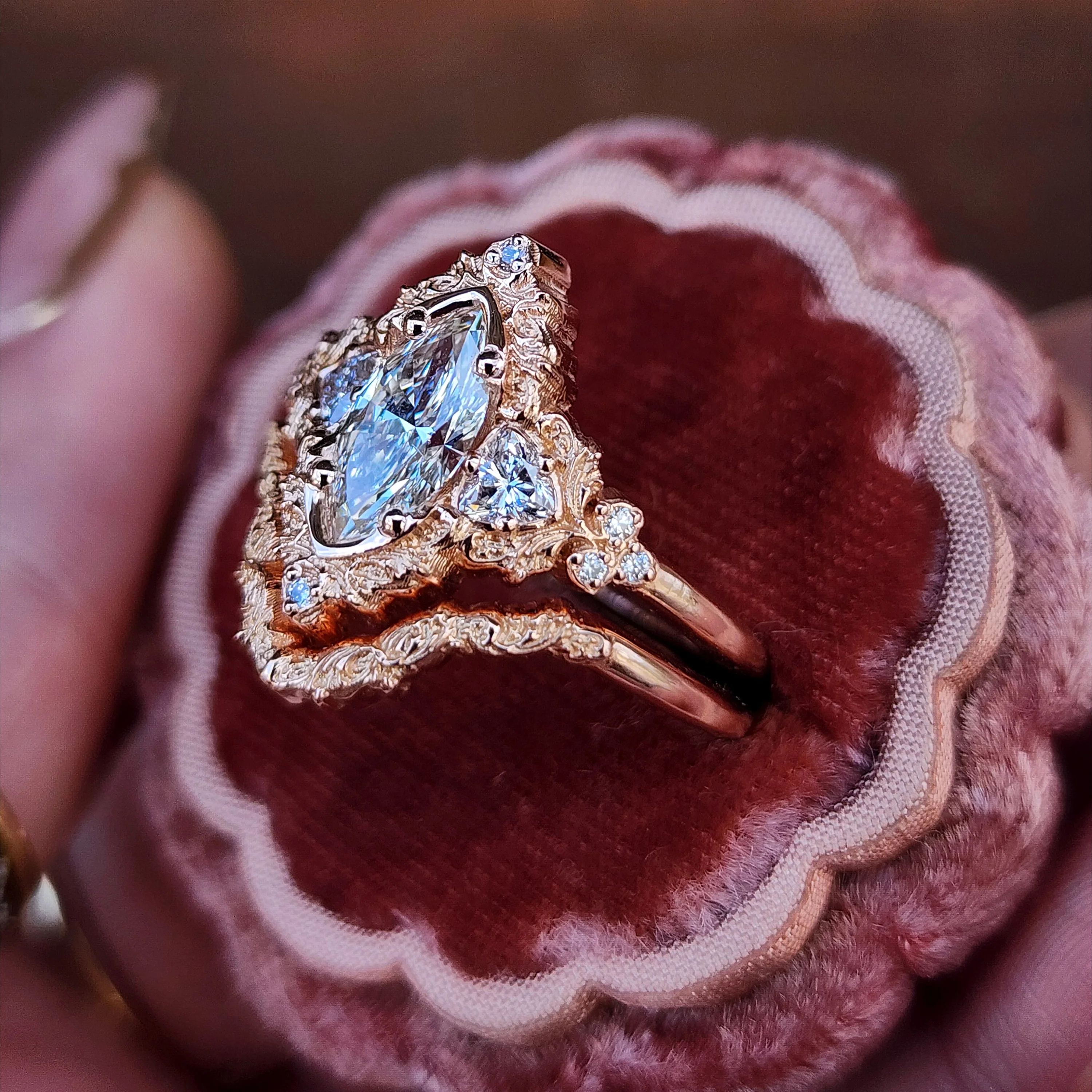 Ready to Ship Size 8-10 - 1.06ct Marquise Lab Diamond Delilah Engagement Ring with Trillion Side Stones and Wedding Band - 14k Rose Gold - Image 6