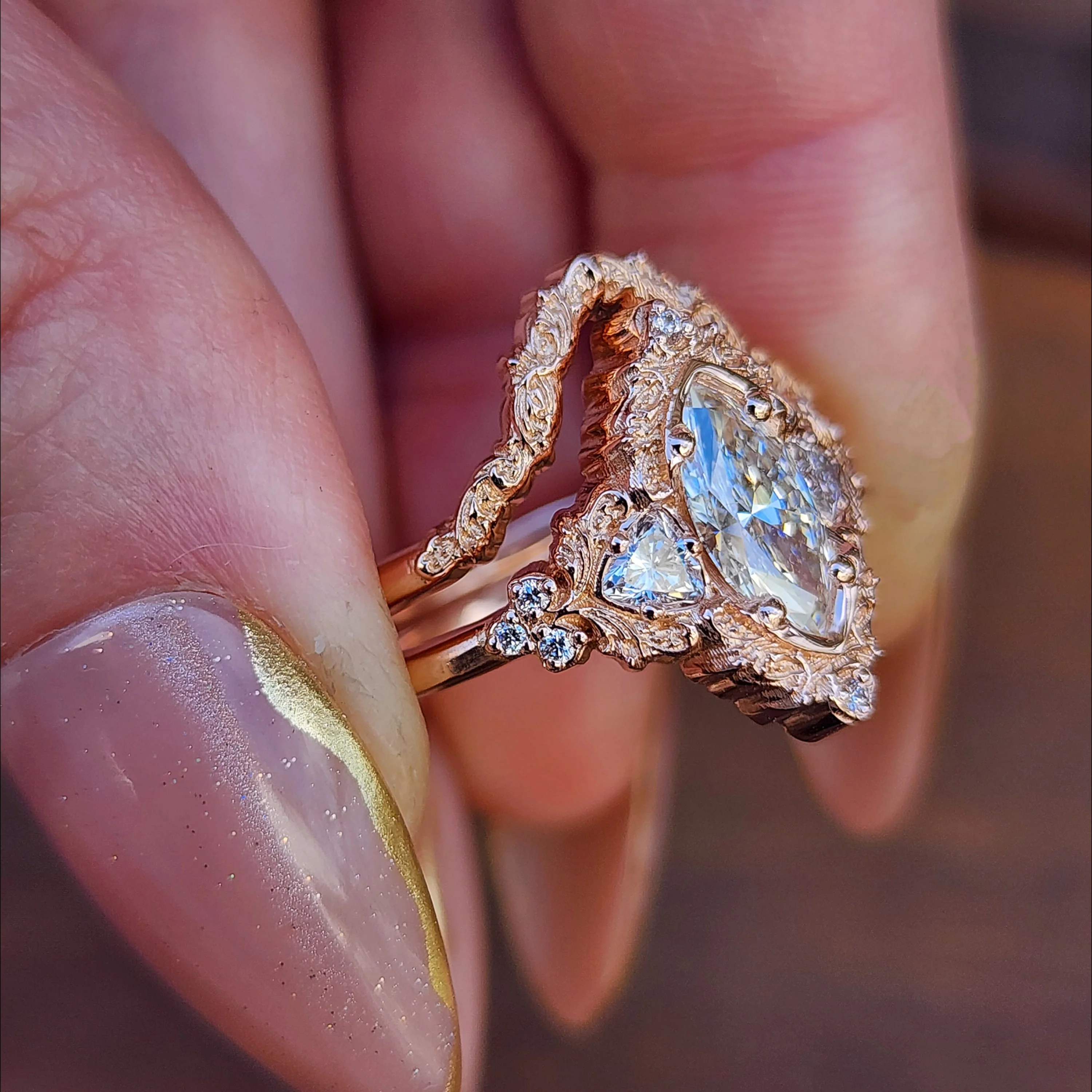 Ready to Ship Size 8-10 - 1.06ct Marquise Lab Diamond Delilah Engagement Ring with Trillion Side Stones and Wedding Band - 14k Rose Gold - Image 8