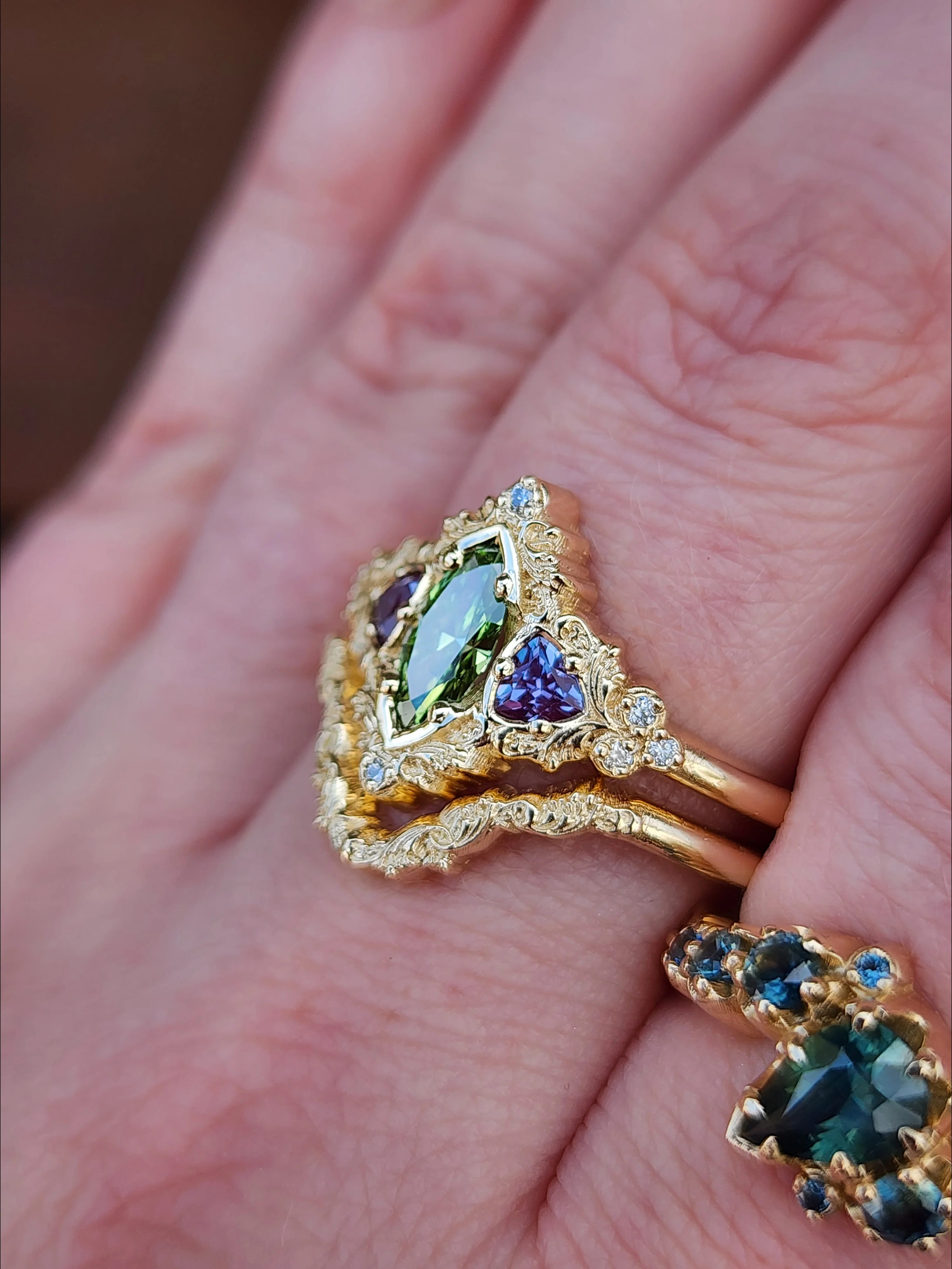 Ready to Ship Size 9-11 - .55ct Green Diamond Marquise and Alexandrite Delilah Engagement Ring with Wedding Band - 14k Yellow Gold - Image 11