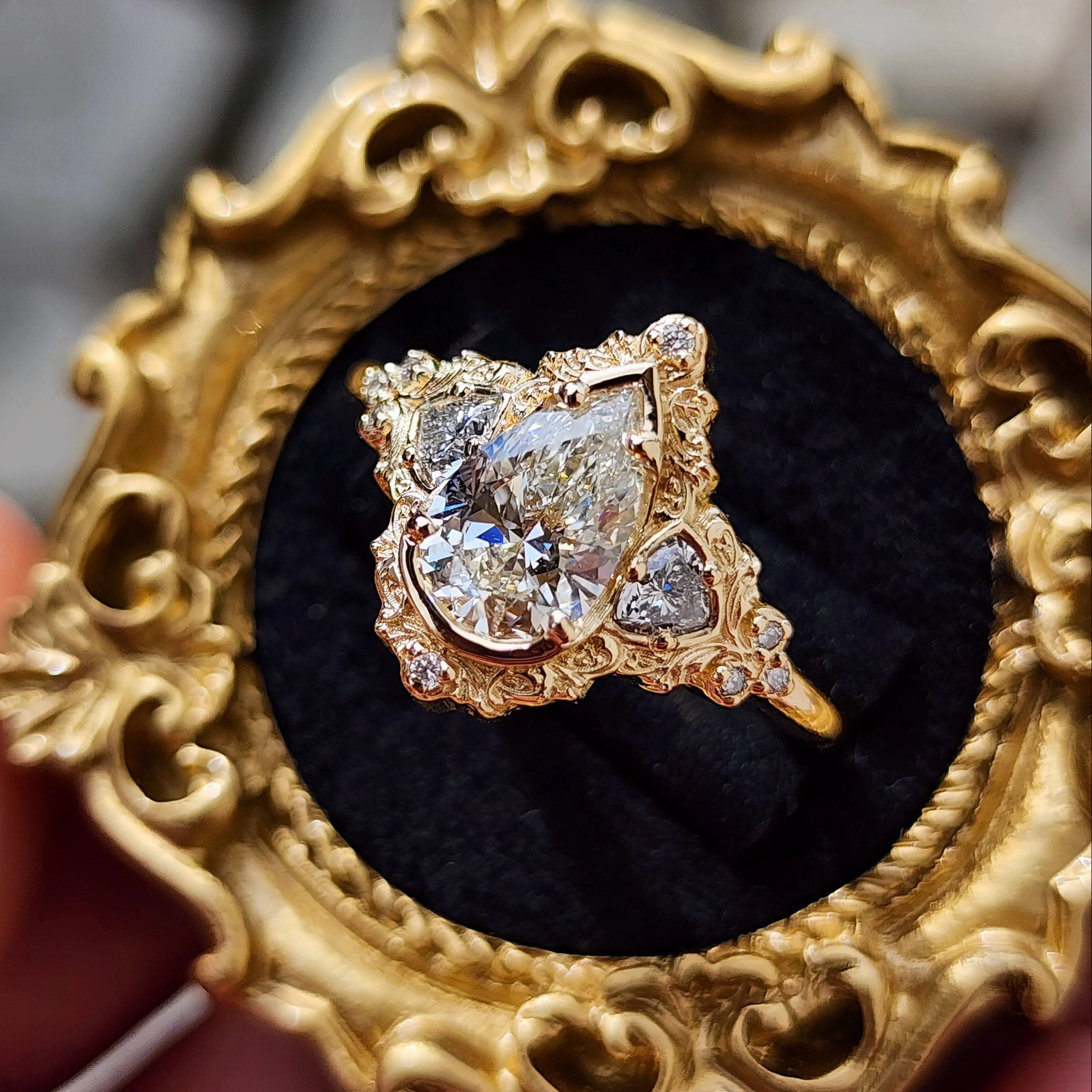 Ready to Ship Size 9-11 Delilah 1.49ct Pear Diamond Engagement Ring with Filigree and Trillions - Image 2