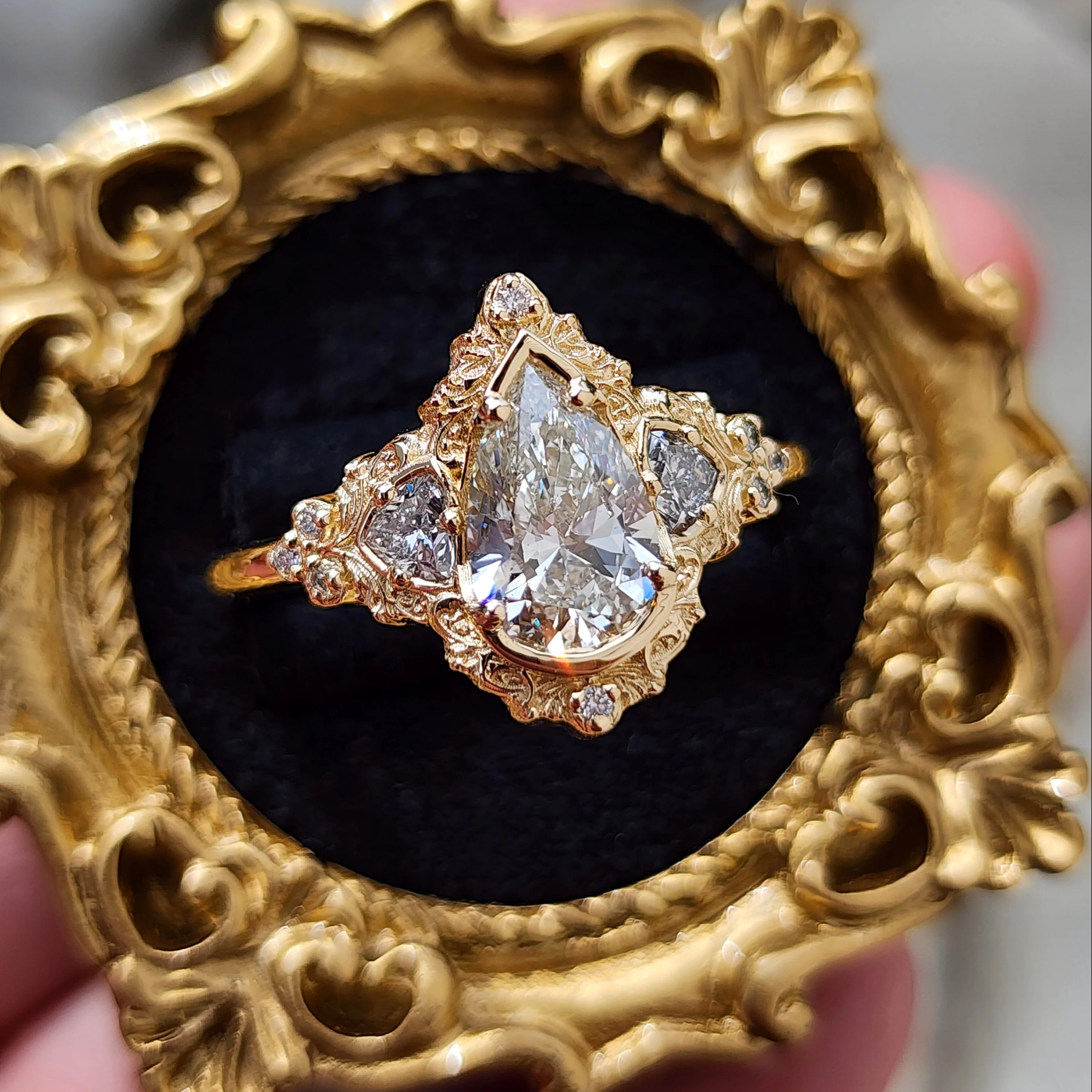 Ready to Ship Size 9-11 Delilah 1.49ct Pear Diamond Engagement Ring with Filigree and Trillions - Image 3