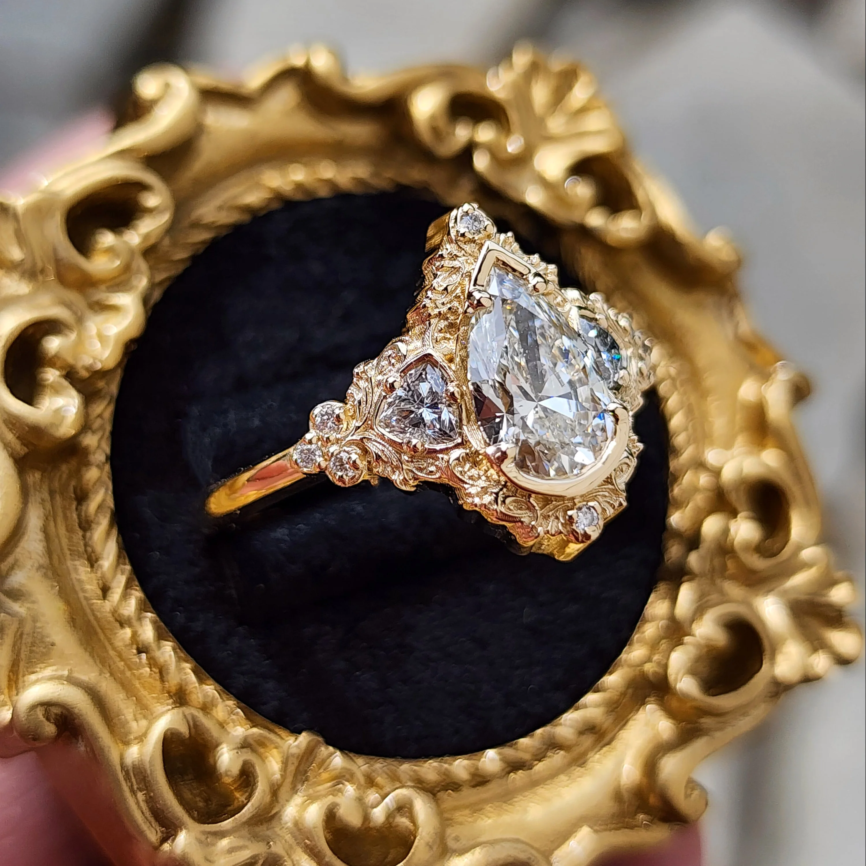 Ready to Ship Size 9-11 Delilah 1.49ct Pear Diamond Engagement Ring with Filigree and Trillions - Image 4