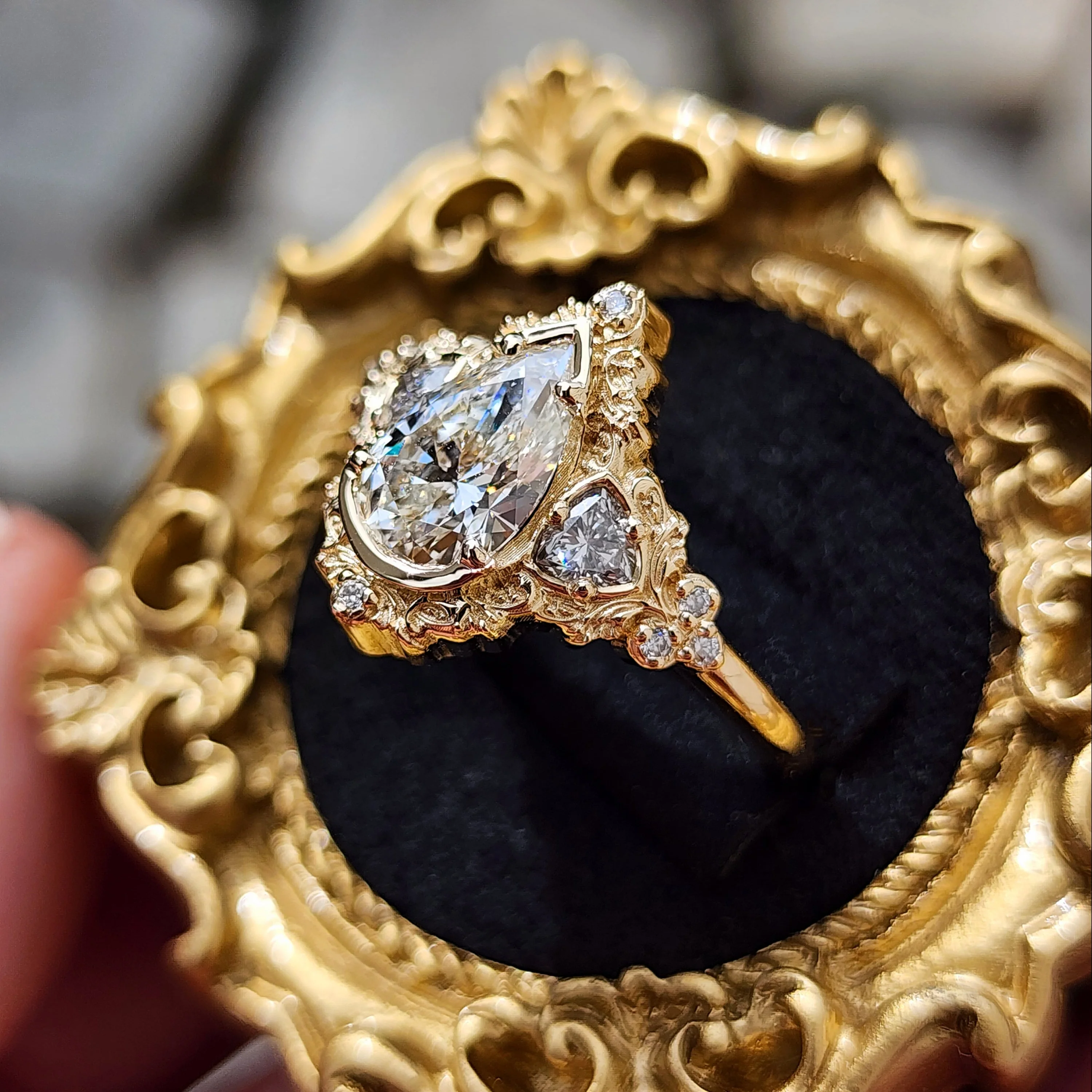 Ready to Ship Size 9-11 Delilah 1.49ct Pear Diamond Engagement Ring with Filigree and Trillions - Image 5