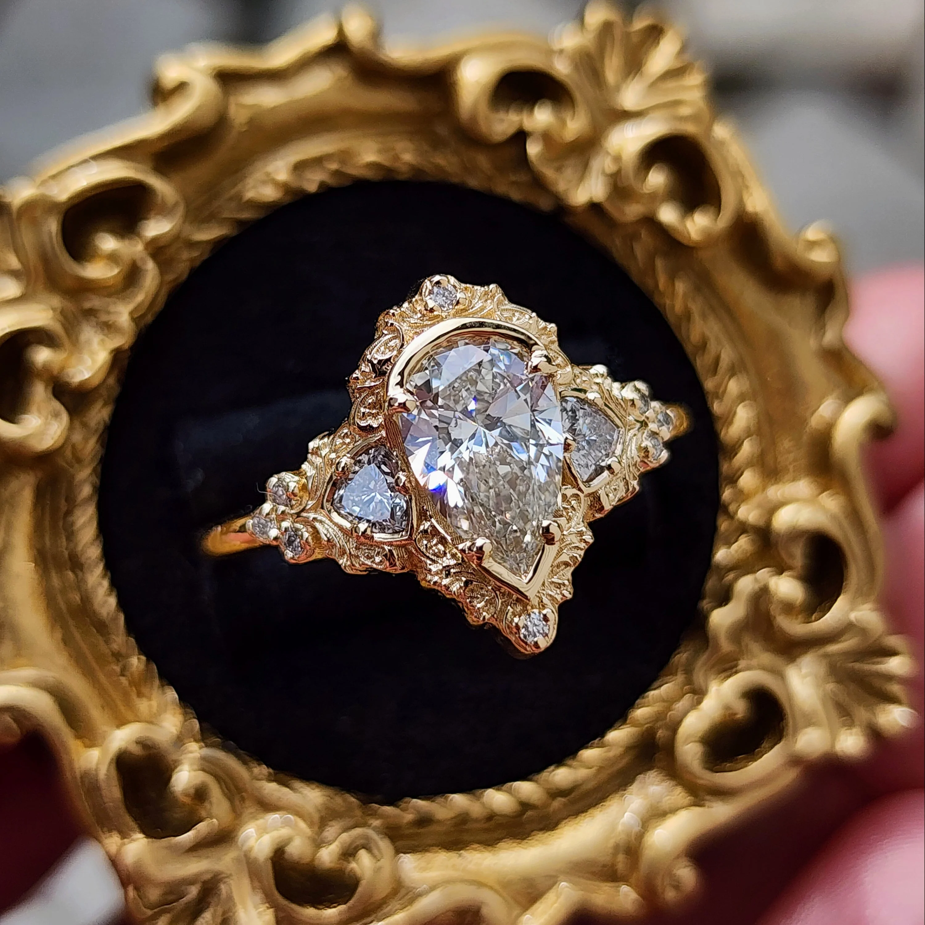 Ready to Ship Size 9-11 Delilah 1.49ct Pear Diamond Engagement Ring with Filigree and Trillions - Image 9