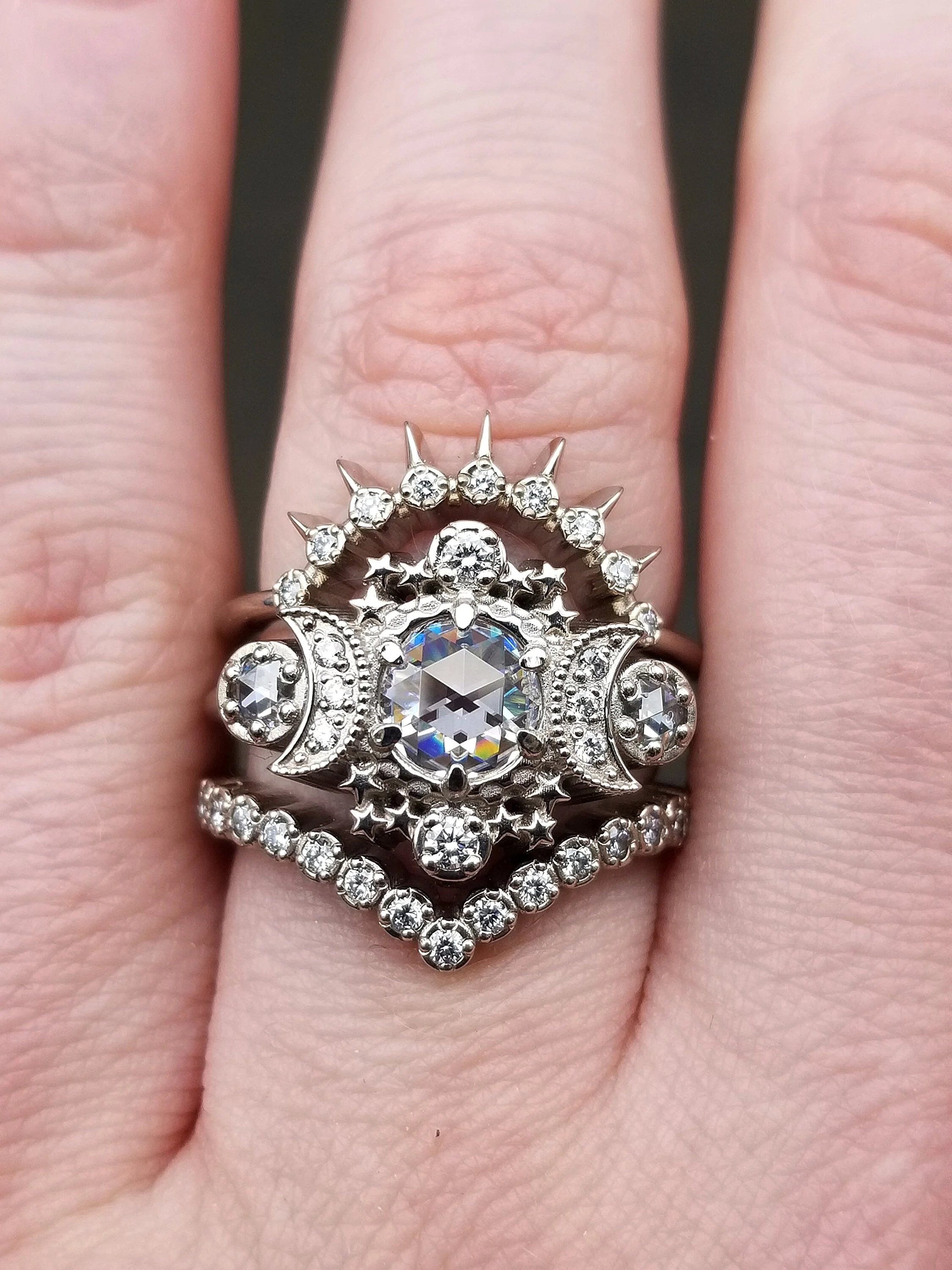 Rose Cut Moissanite and Diamond Cosmos Engagement Ring Set - Diamond Alternative - Ethical Gems Celestial Moon Ring - Low Profile - Image 5