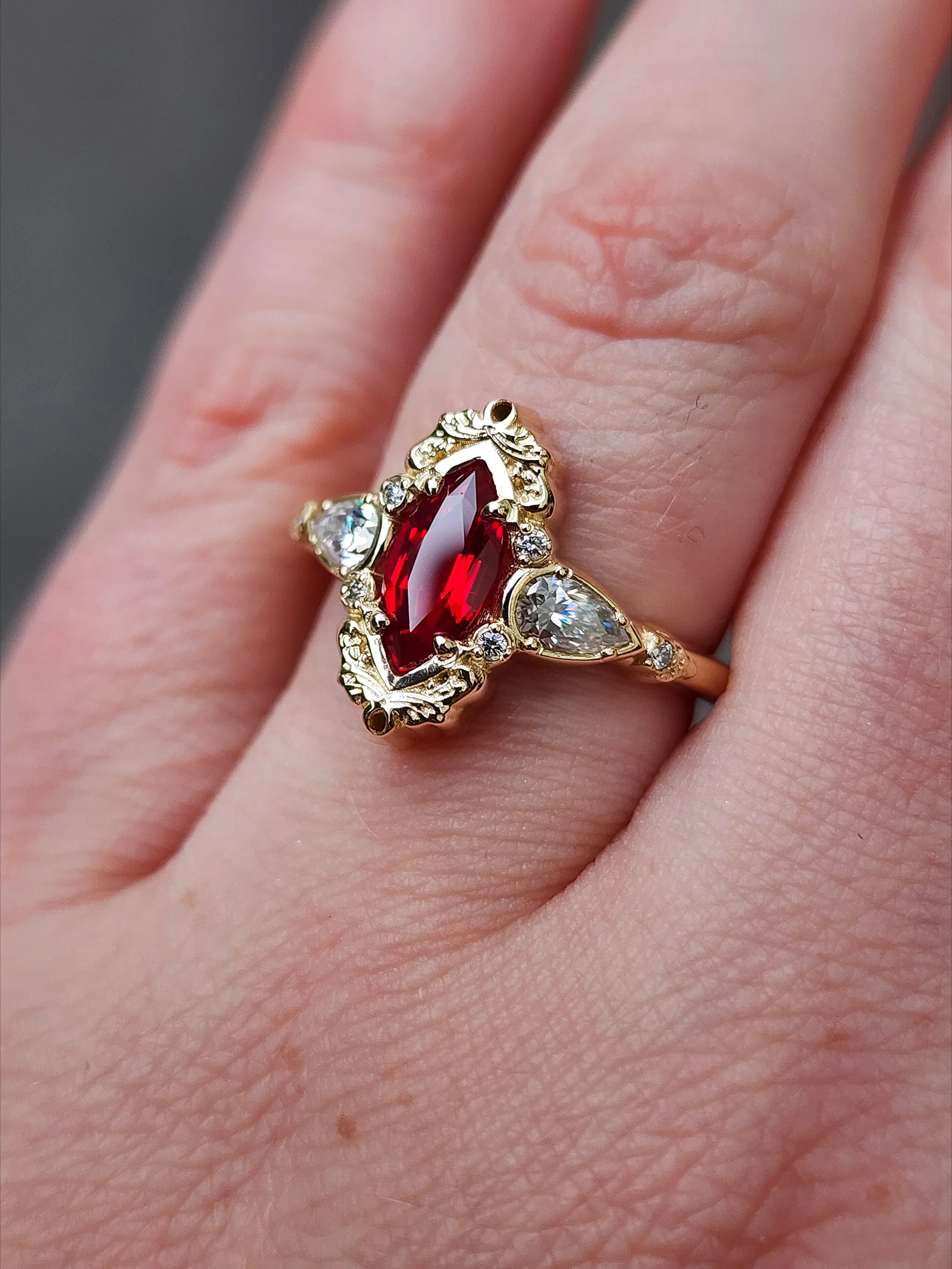 Ruby Odette Chatham Marquise Engagement Ring Set with Fantasy Gold Filigree - 14k Fine Handcrafted Wedding Ring Set - Pick Your Gemstone - Image 16