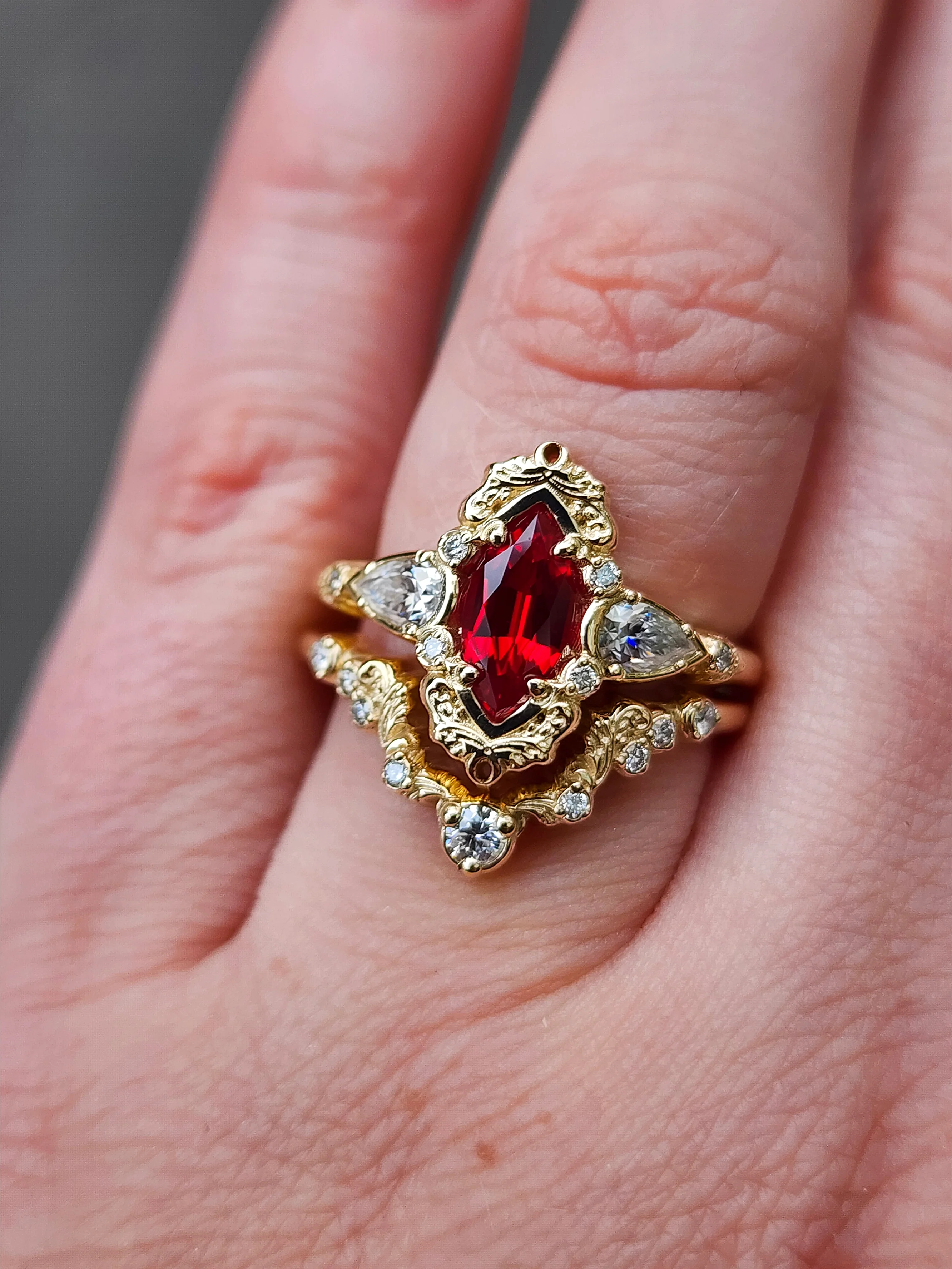 Ruby Odette Chatham Marquise Engagement Ring Set with Fantasy Gold Filigree - 14k Fine Handcrafted Wedding Ring Set - Pick Your Gemstone - Image 20