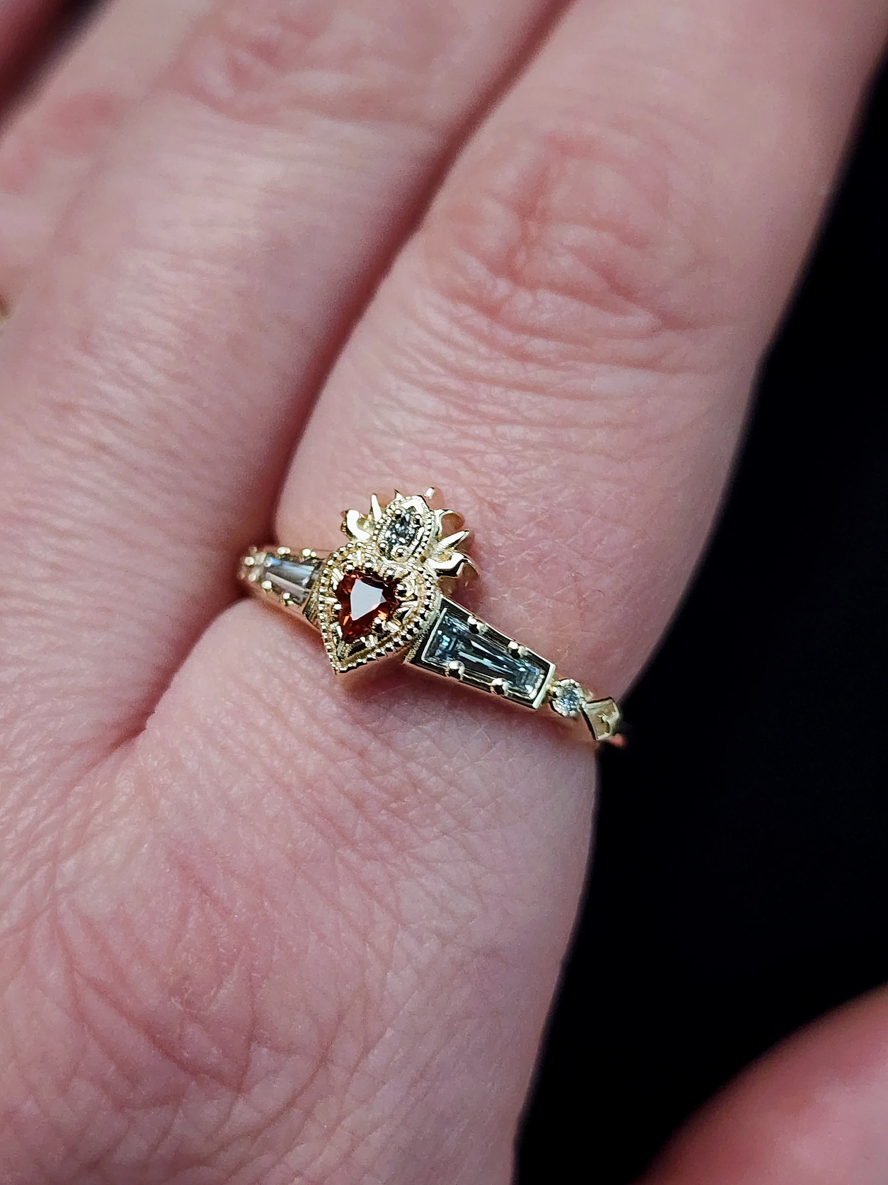 Sapphire Heart Cosmic Love - Flaming Heart Ring with Diamond Baguettes - Image 12