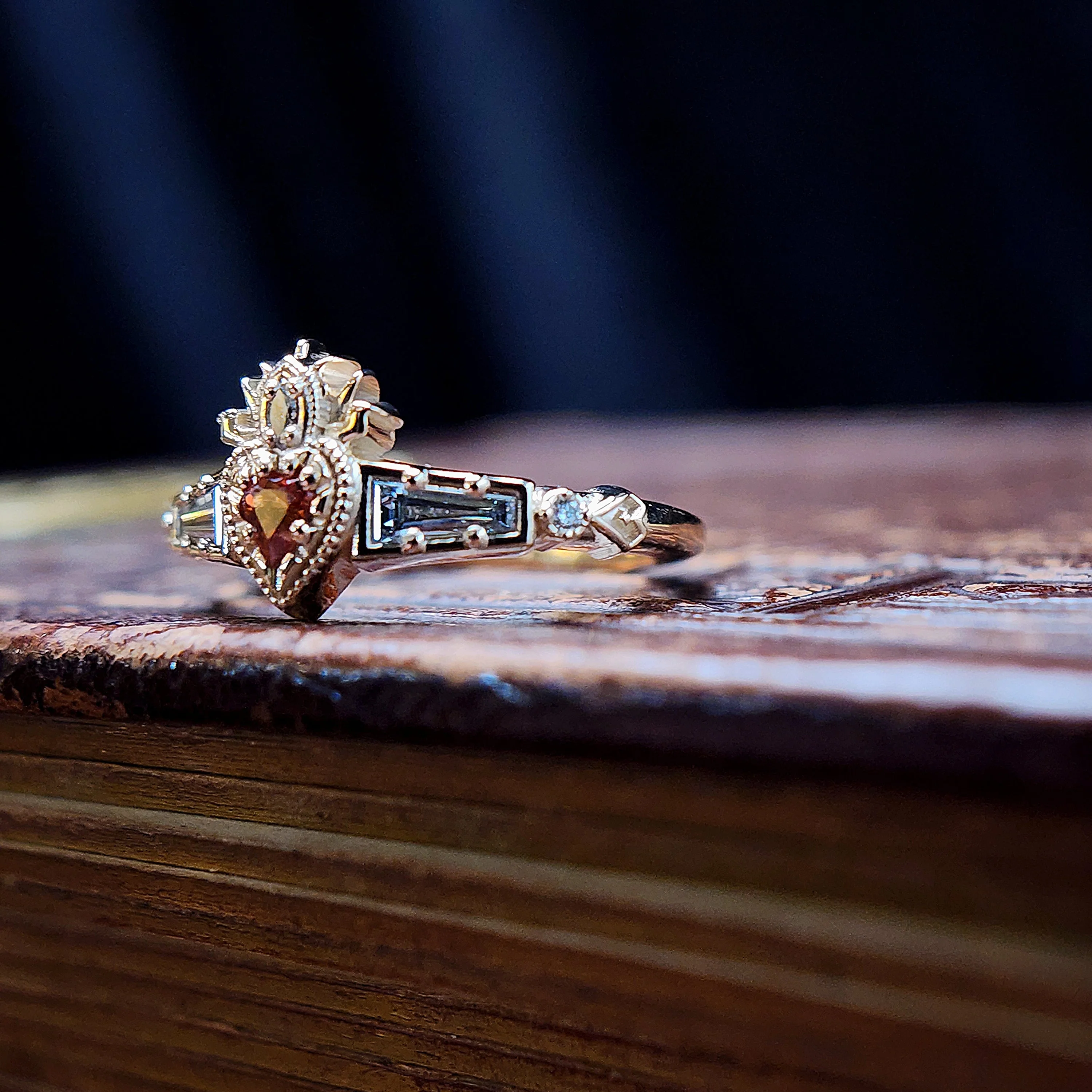 Sapphire Heart Cosmic Love - Flaming Heart Ring with Diamond Baguettes - Image 5