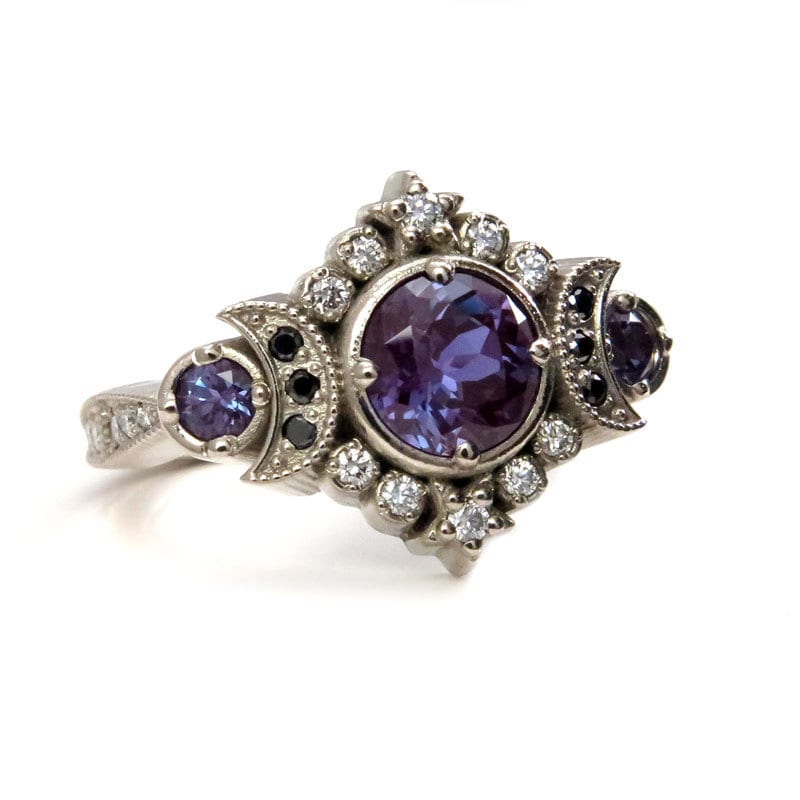 Selene Moon Goddess Ring - Chatham Alexandrite with Black and White Diamonds - 14k Palladium White Gold - Image 4