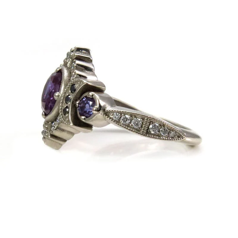 Selene Moon Goddess Ring - Chatham Alexandrite with Black and White Diamonds - 14k Palladium White Gold - Image 8