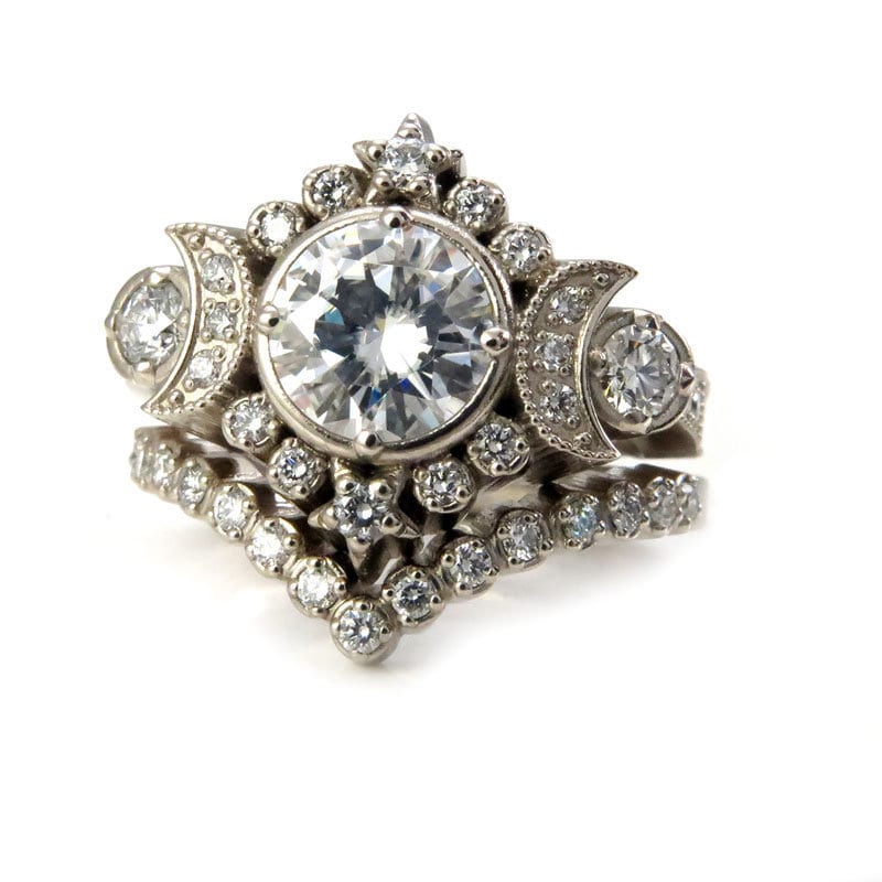 Selene Moon Phase Goddess Engagement Ring Set - Moissanite or Galaxy Diamond Lunar Boho Wedding Ring -14k Rose, Yellow or White Gold - Image 2