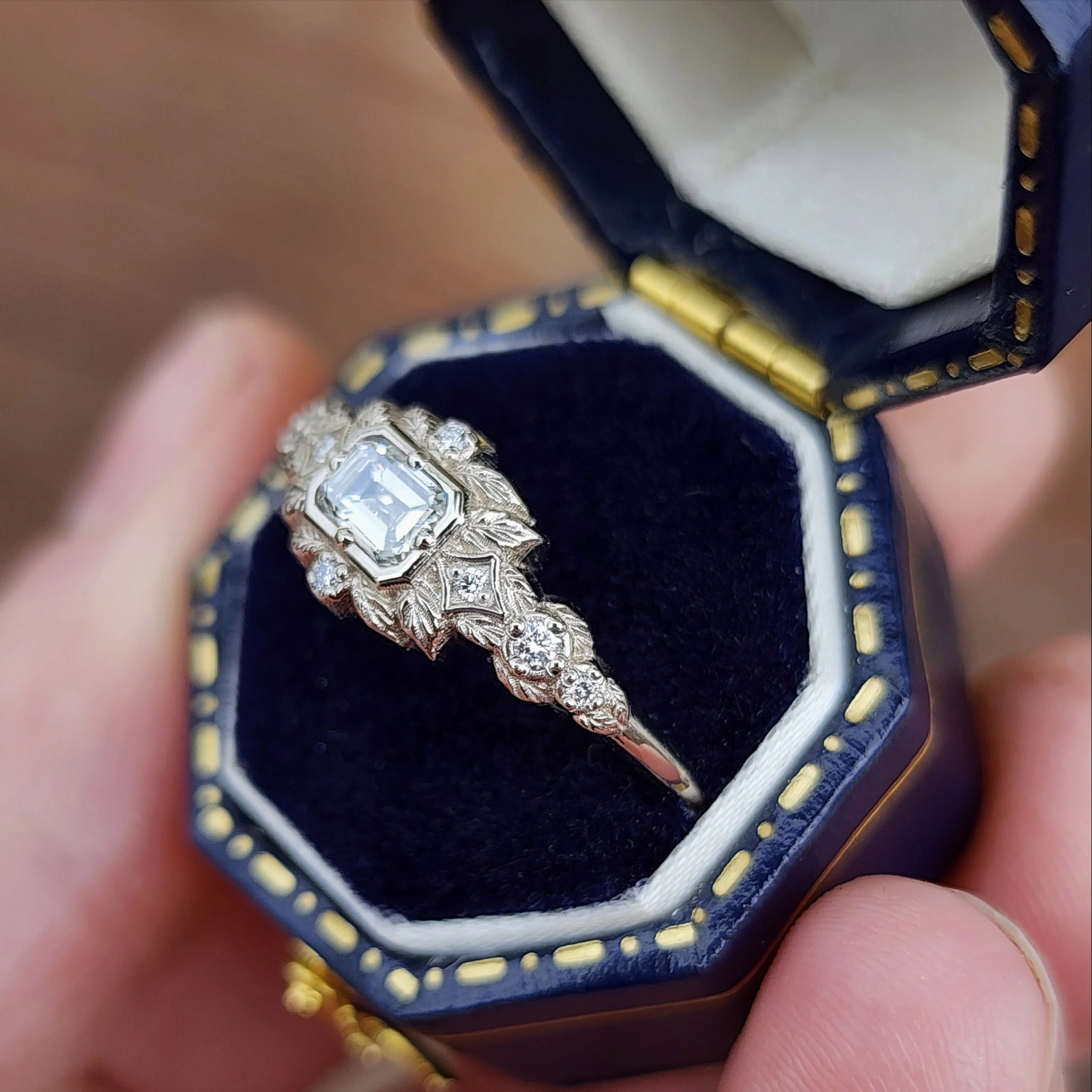 Ready to Ship Size 6 - 8 Florence Emerald Cut Natural Diamond Leaf Ring - Image 5