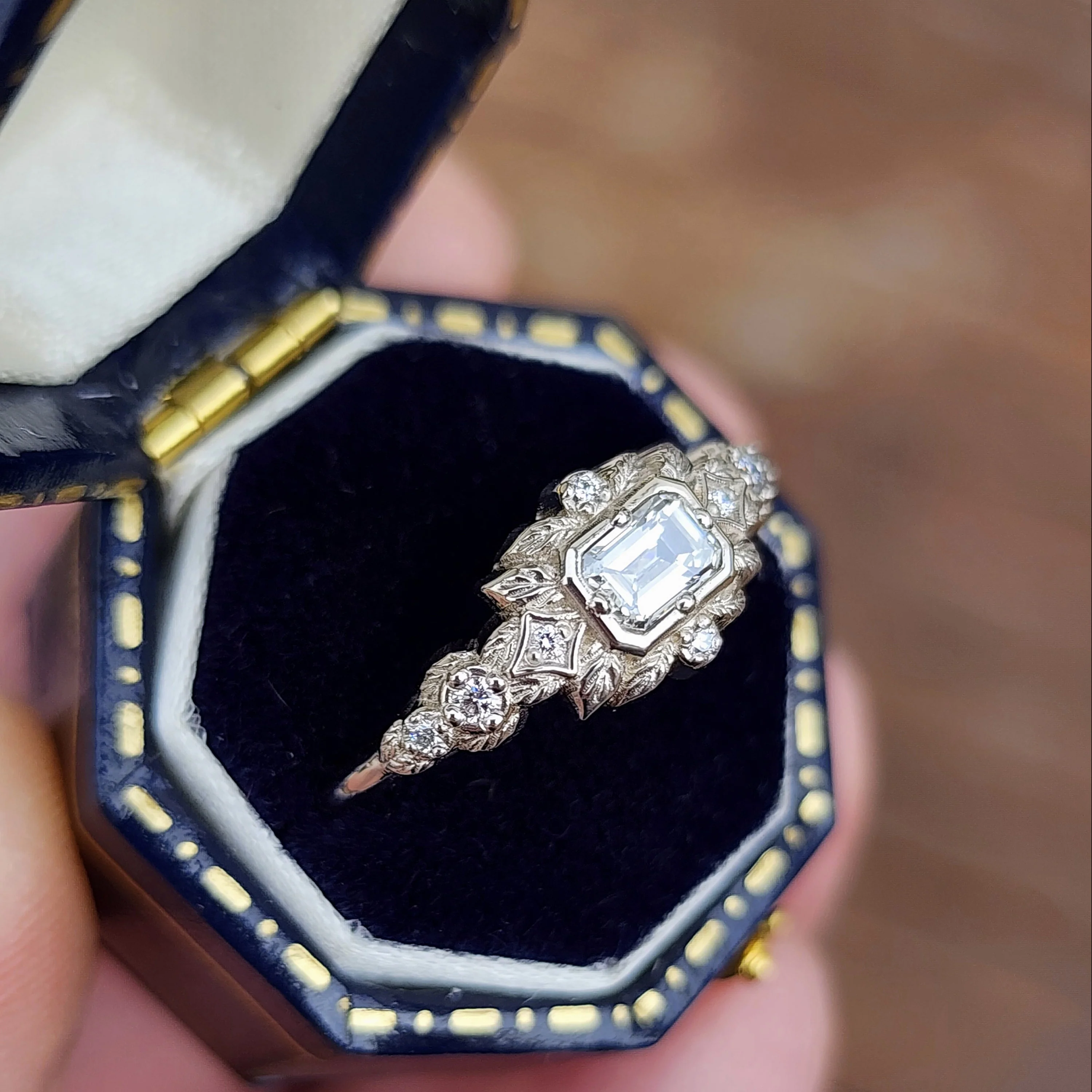 Ready to Ship Size 6 - 8 Florence Emerald Cut Natural Diamond Leaf Ring - Image 6