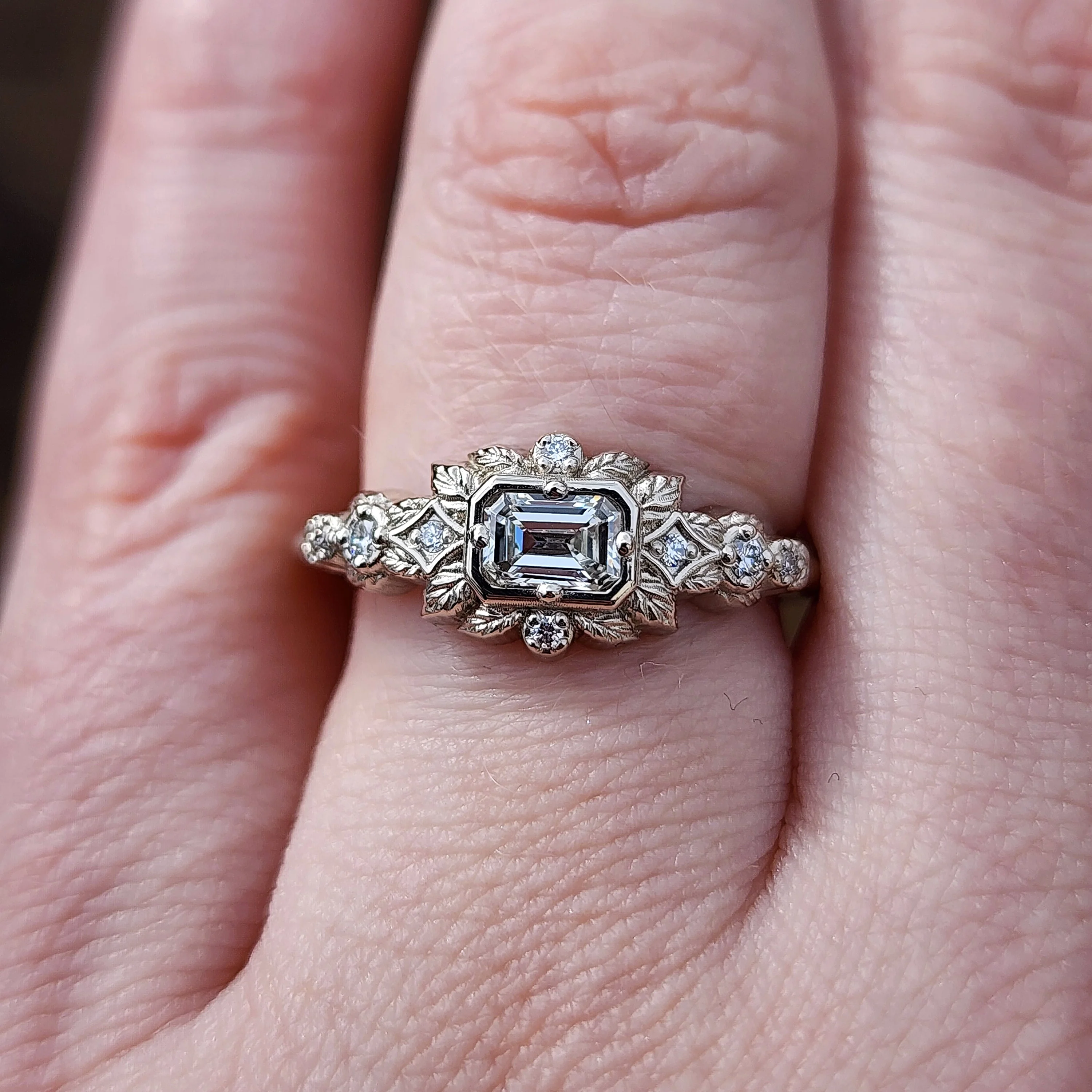 Ready to Ship Size 6 - 8 Florence Emerald Cut Natural Diamond Leaf Ring - Image 7