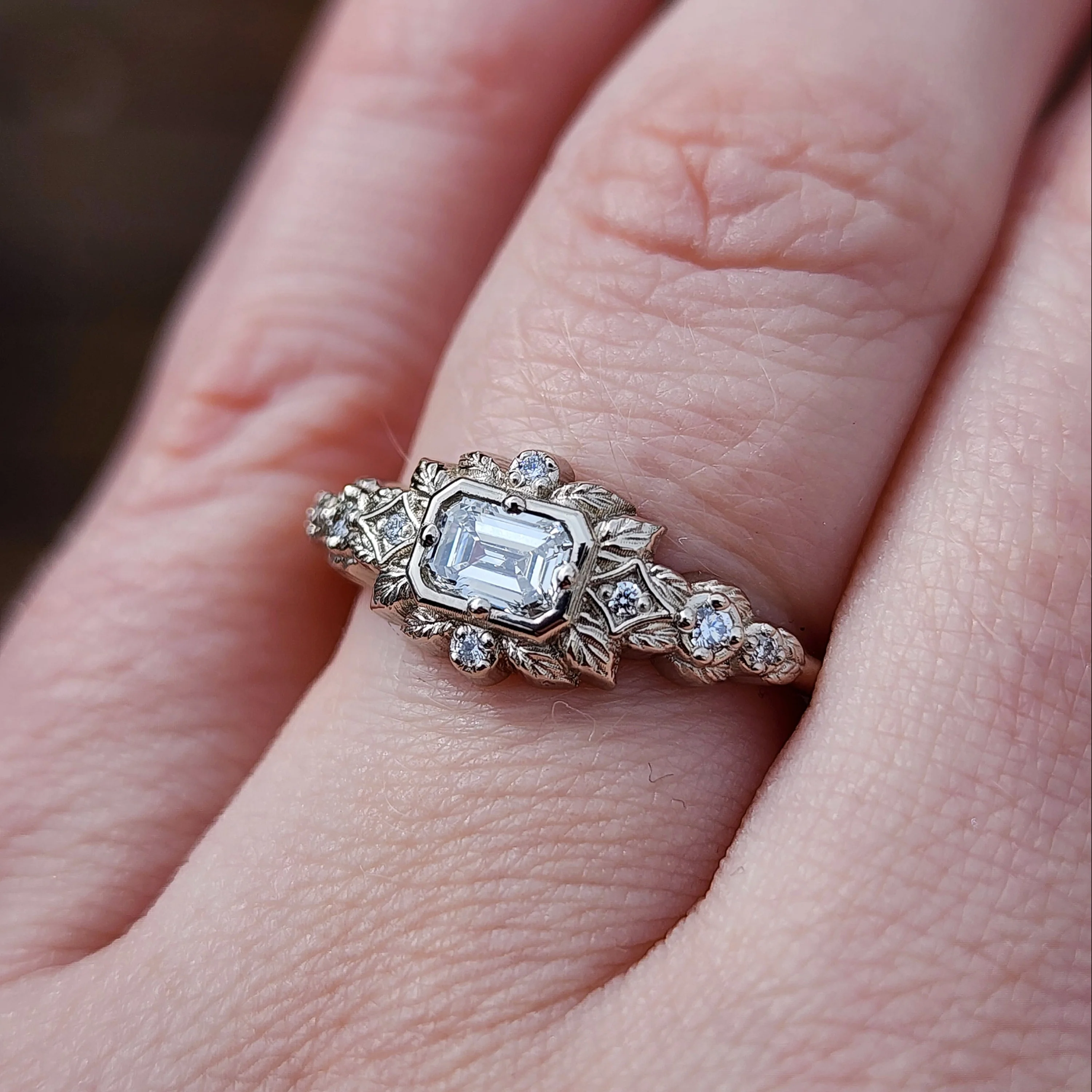 Ready to Ship Size 6 - 8 Florence Emerald Cut Natural Diamond Leaf Ring - Image 9