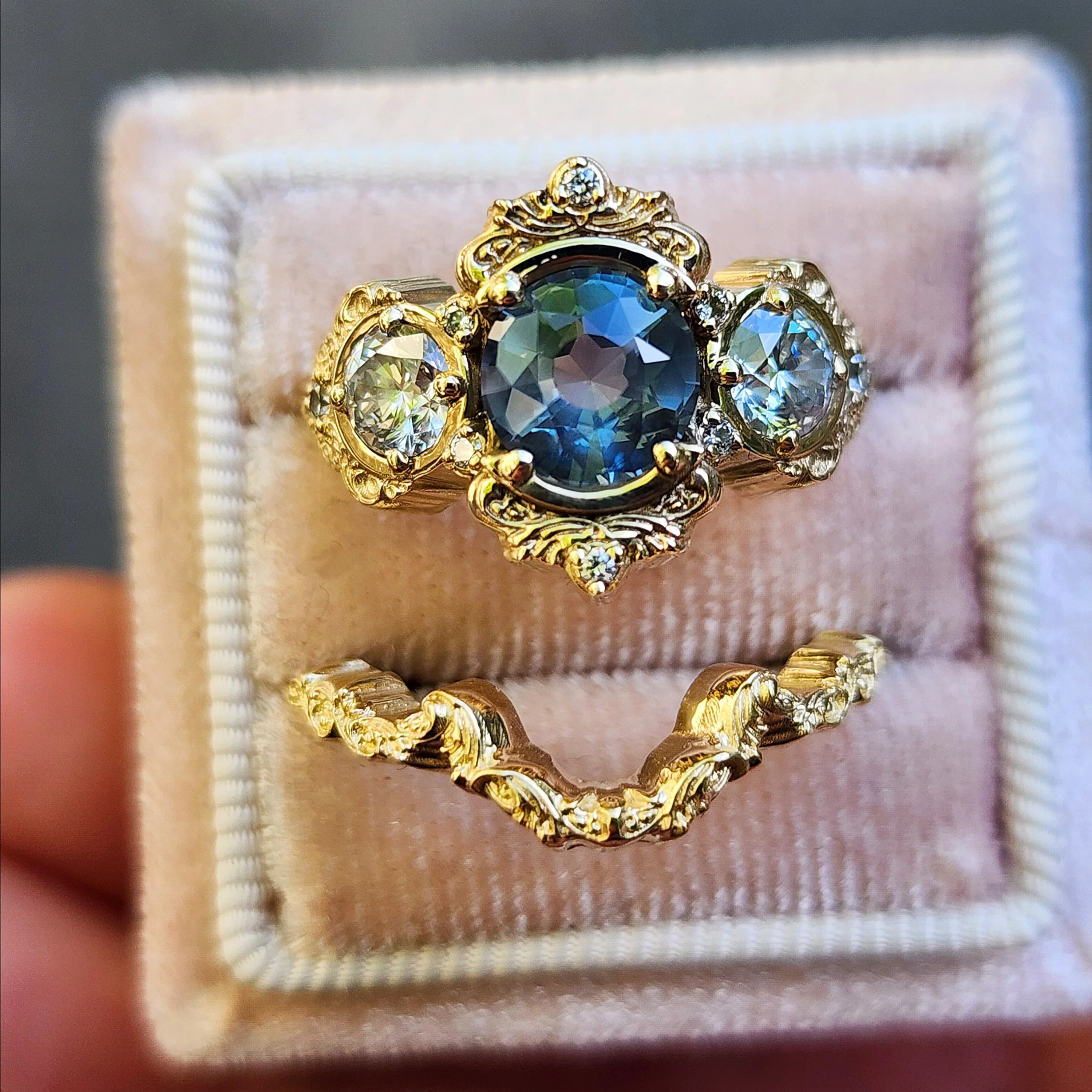 Ready to Ship Size 6-8 Montana Sapphire Georgette Engagement Ring Set for with Filigree Wedding Band - 14k Yellow Gold - Image 5